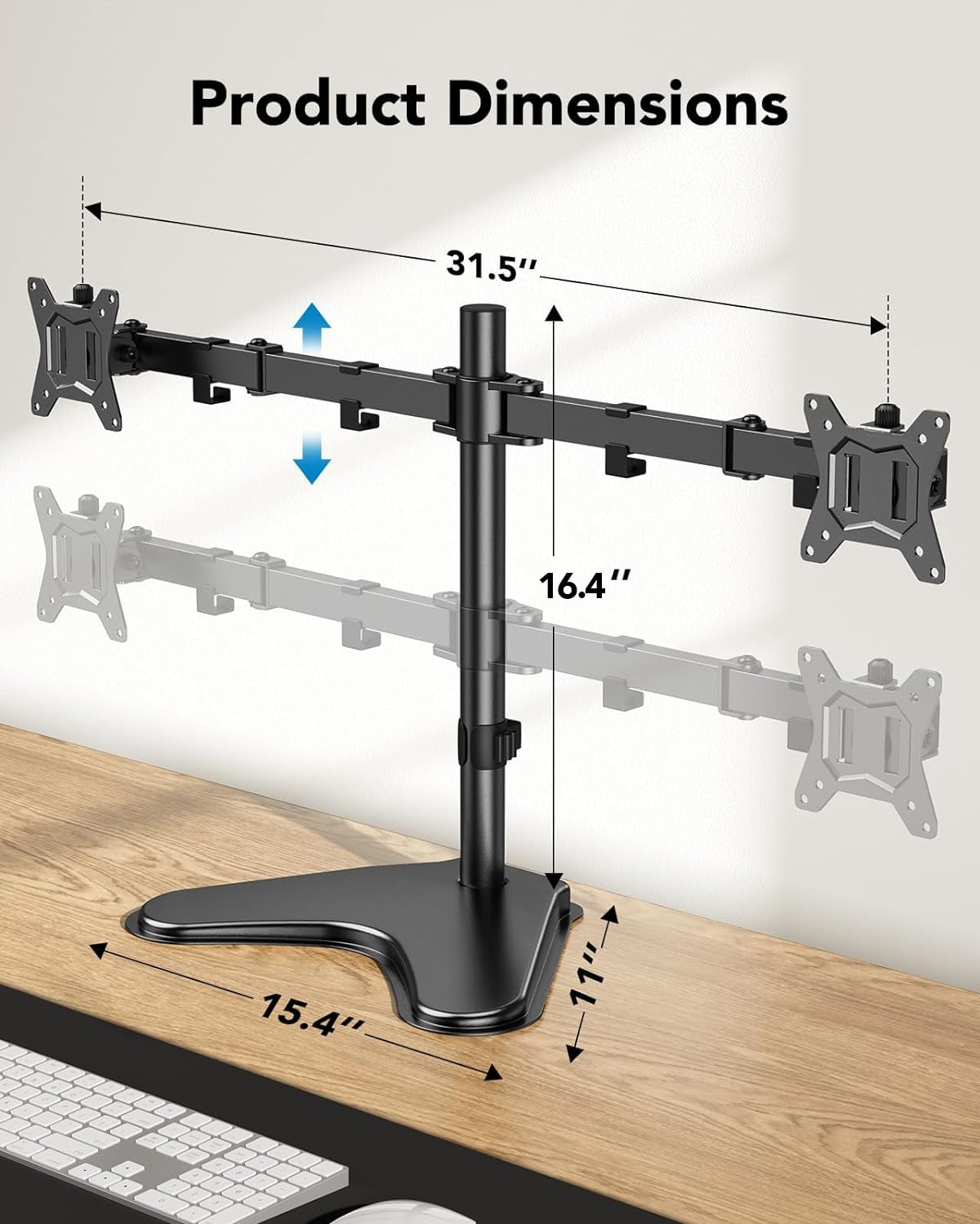 Huanuo 32 Inches Dual Monitor Stand Up To 17.6Lbs Per Arm, High Grade Aluminum Free Standing Dual Monitor Mount For 2 Screens. Fully Adjustable Dual Monitor Stand For Desk With Tilt, Swivel, Rotation