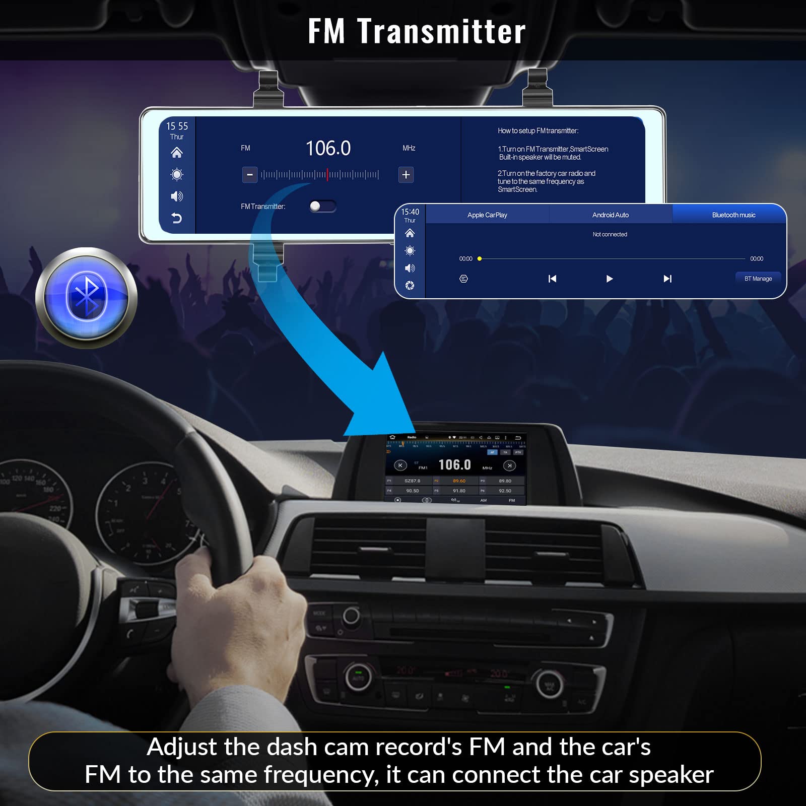 Mirror Dash Cam With Wireless Apple Carplay&Android Auto,11.26' Voice Control Rear View Mirror 1080P Front And Rear View Dual Cameras,Fm Transmitter,Night Vision,Parking Assistance, Wdr,Loop Recording