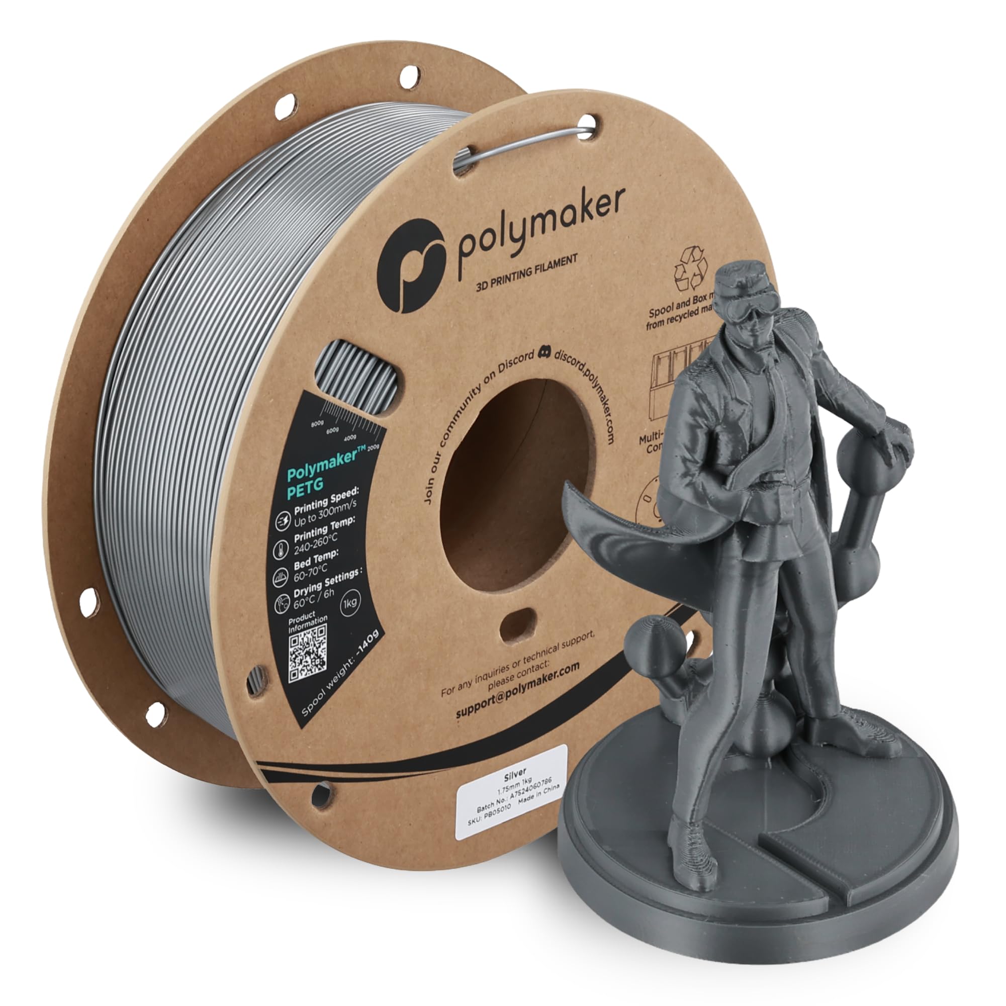 Polymaker PETG Silver 3D Printer Filament 1.75mm 1kg, High Speed PETG up to 300mm/s, High Strength New Formula, Excellent Layer 