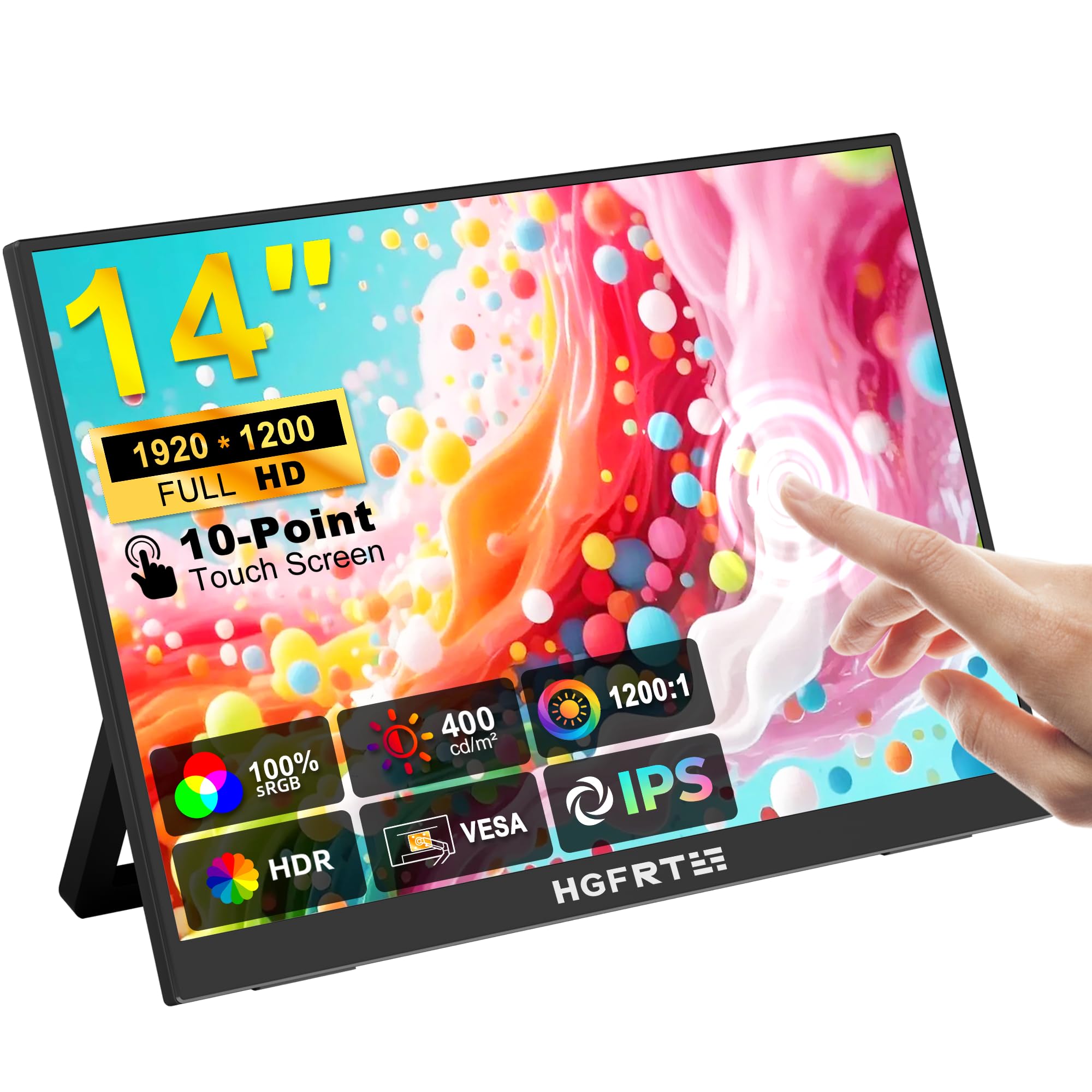 HGFRTEE Portable Monitor Touchscreen 14, 1920x1200 60Hz USB-C & FHD External Display Touch Screen for Laptop/Mac/Gaming/Office,