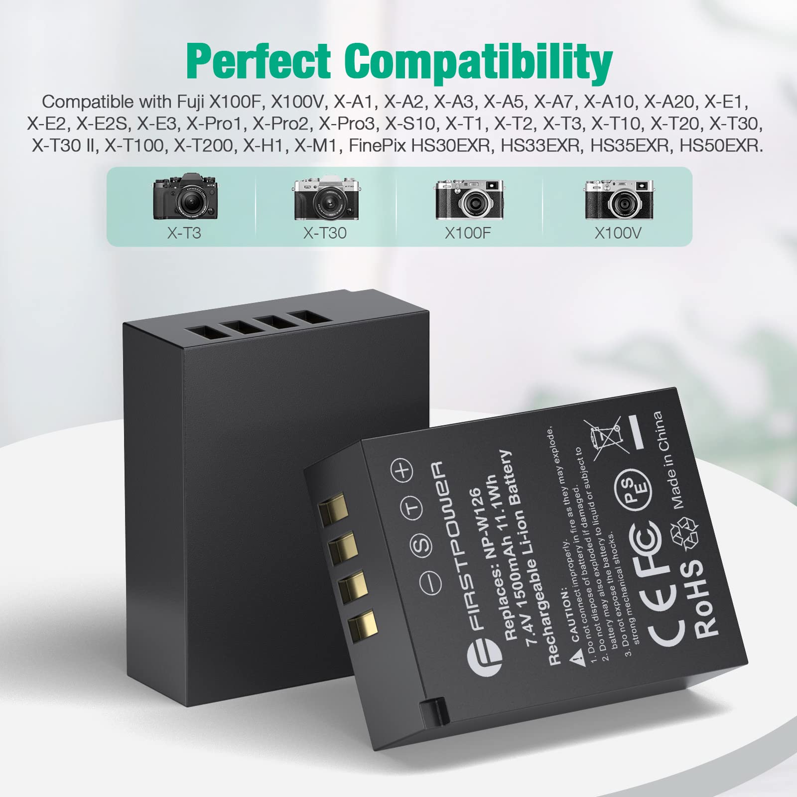 FirstPower NP-W126 NP-W126S Battery 2-Pack & Dual USB Charger for Fujifilm Cameras Black