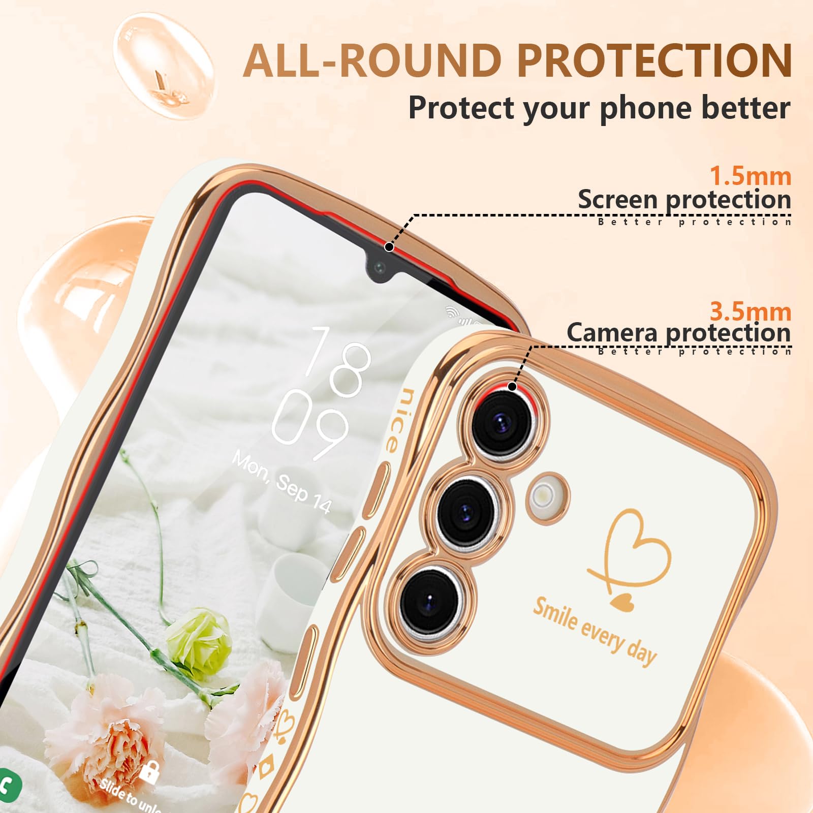 Lchulle For Samsung Galaxy A15 4G/5G Case For Women Girls, Cute Wave Frame Curly Shape With Love Heart Pattern Raised Camera Pro
