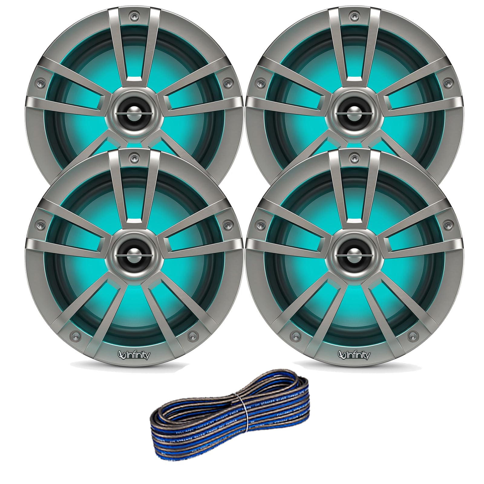Infinity 6.5'' Led Marine Speakers (Qty 4) 2 Pairs Of Oem Replacement Speakers W/ Enrock 50Ft Wire (Rgb+Titanium ) 6Mblt