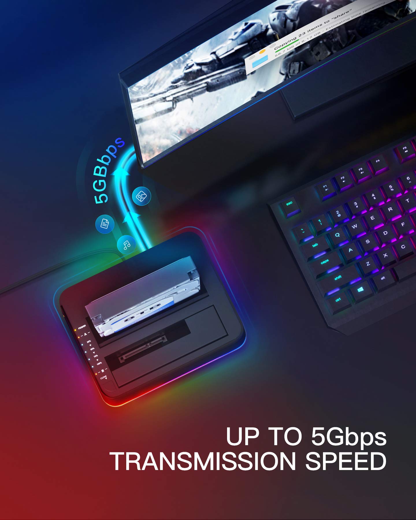 Inateck Rgb Sata To Usb 3.0 Hard Drive Docking Station With Offline Clone, For 2.5 And 3.5 Inch Hdds And Ssds, Uasp Supported, B