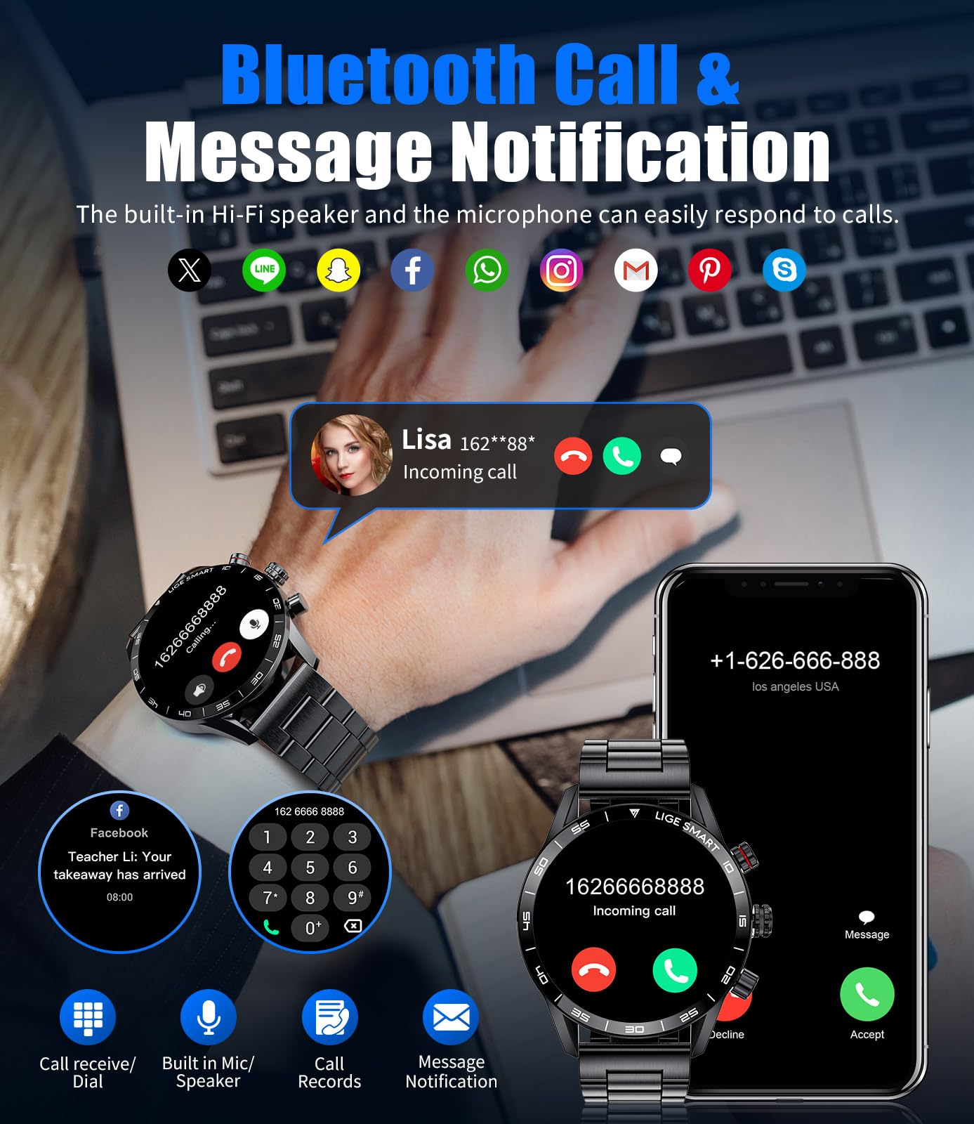 Lige Smart Watches For Men,1.43 Amoled Display With Bluetooth Calls/Message Push, 100+ Sport Modes Blood Pressure/Heart Rate Tra