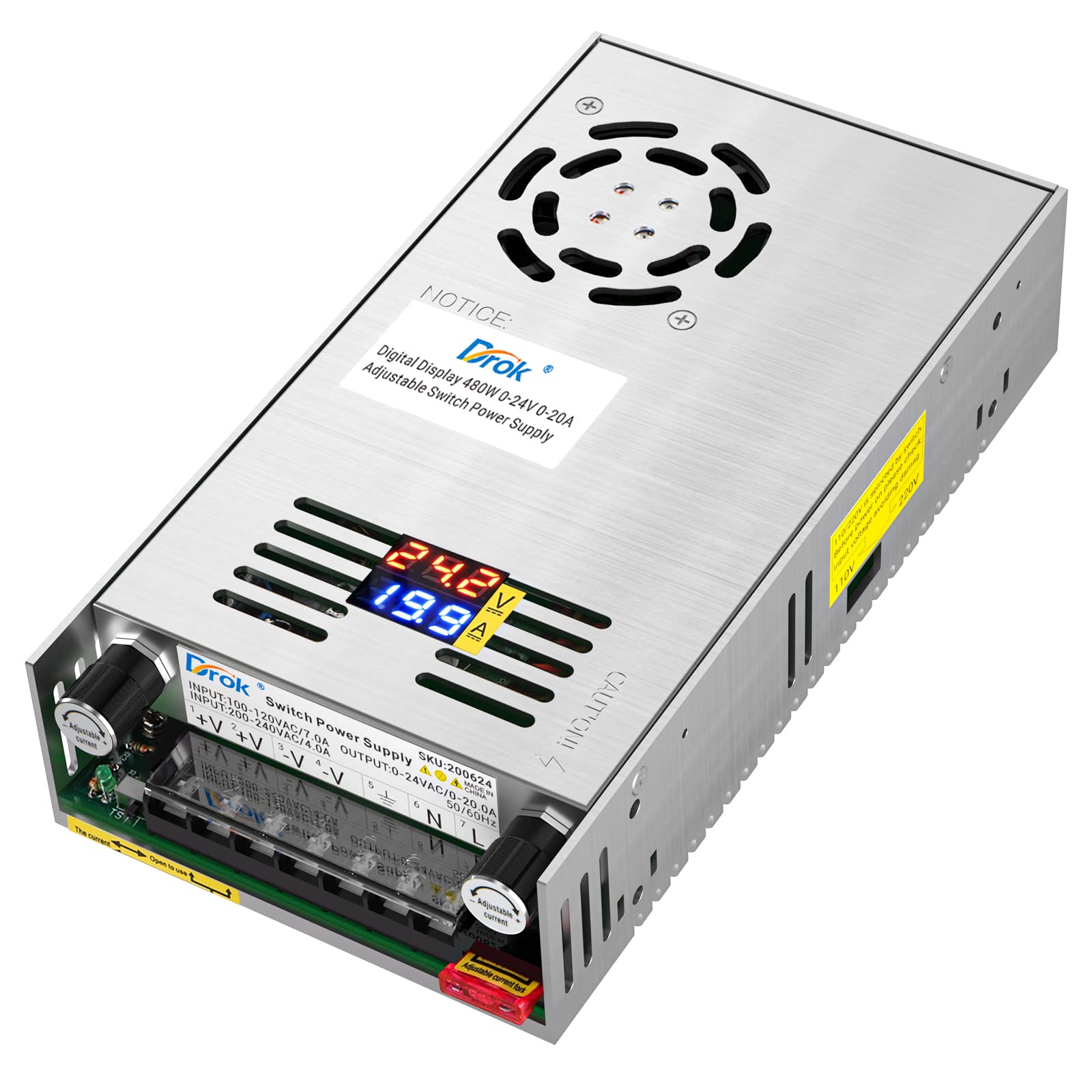 Drok 24V Power Supply, Ac 110V/220V To Dc 0 24V 0 20A 480W Buck Converter, Volt Amp Adjustable Adapter Regulated 5V 12V 24V Volt