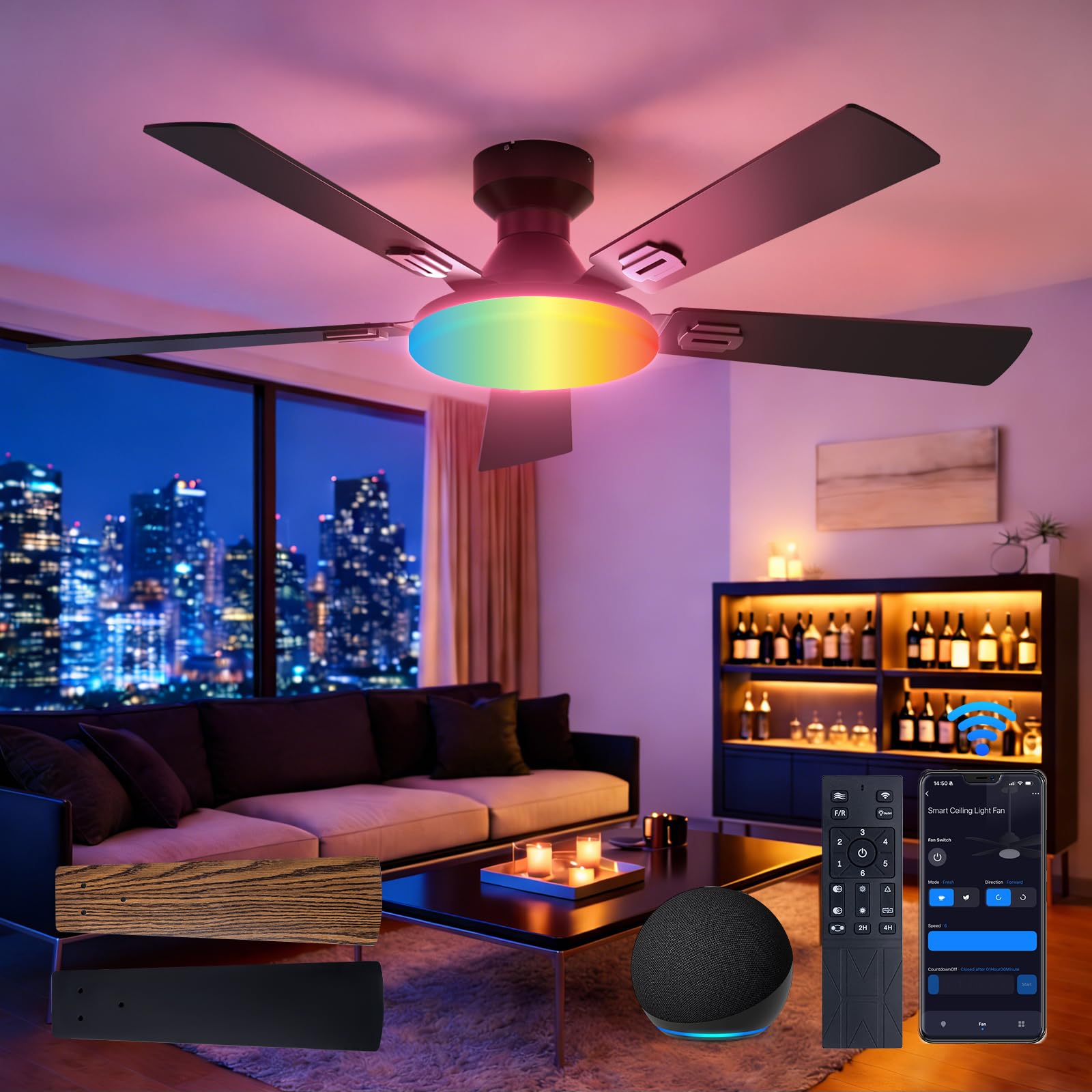Amico Ceiling Fans with Lights, 52 Smart RGB Ceiling Fan with Remote/APP/Alexa Control, Flush Mount, Reversible DC Motor, 5 Bl