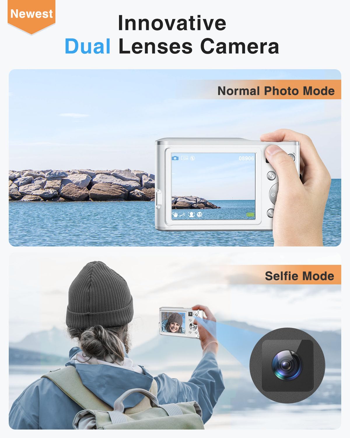 4K Digital Camera, 48Mp Autofocus Kids Camera Selfie With Front And Rear Dual Lenses, 32Gb Card, 2 Batteries, 16X Digital Zoom,