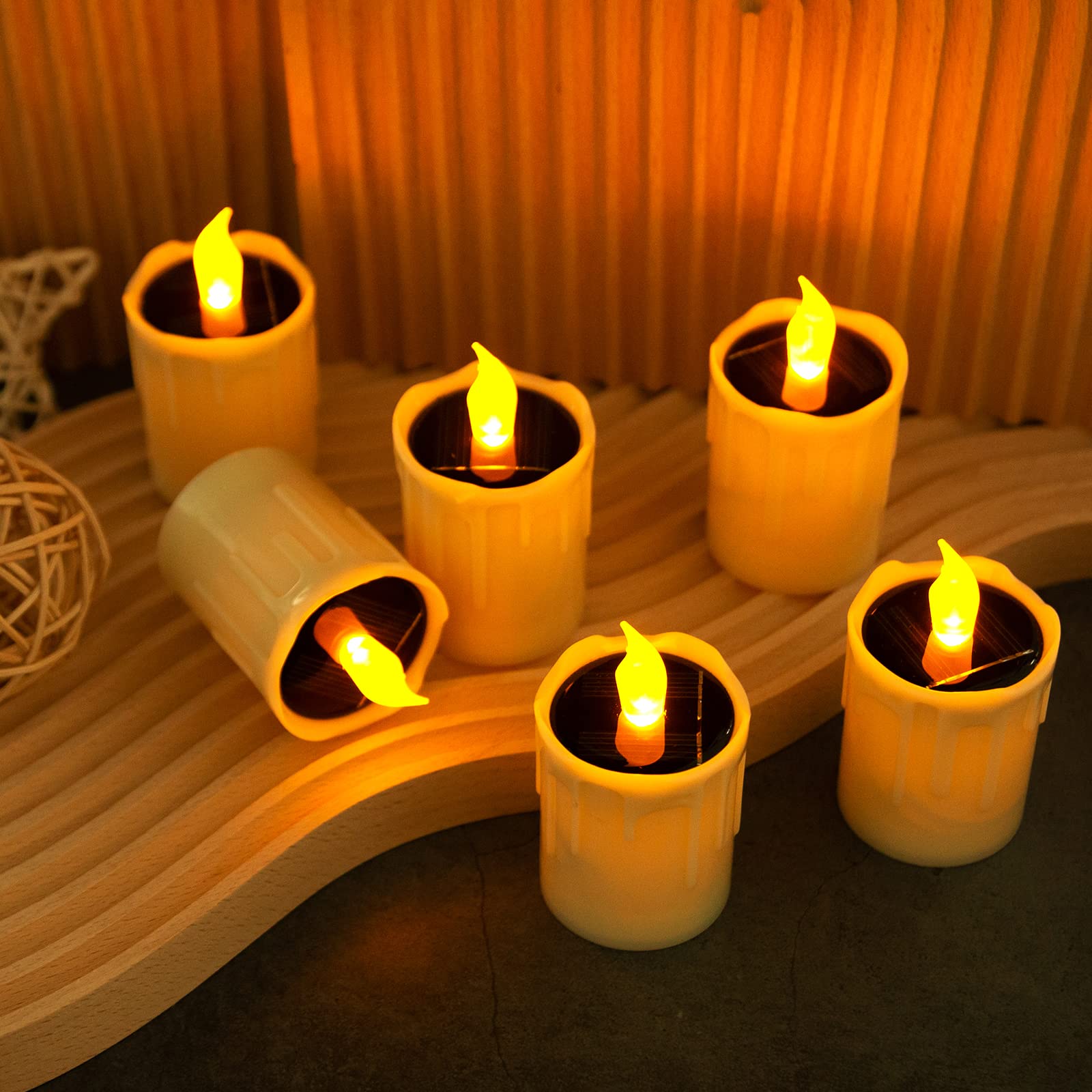 Zhaofubao Solar Candles Lights, Warm Yellow Flashing Light, Solar Charging Tea Wax Light, 6 Fire Wax Lights, Suitable For Weddin