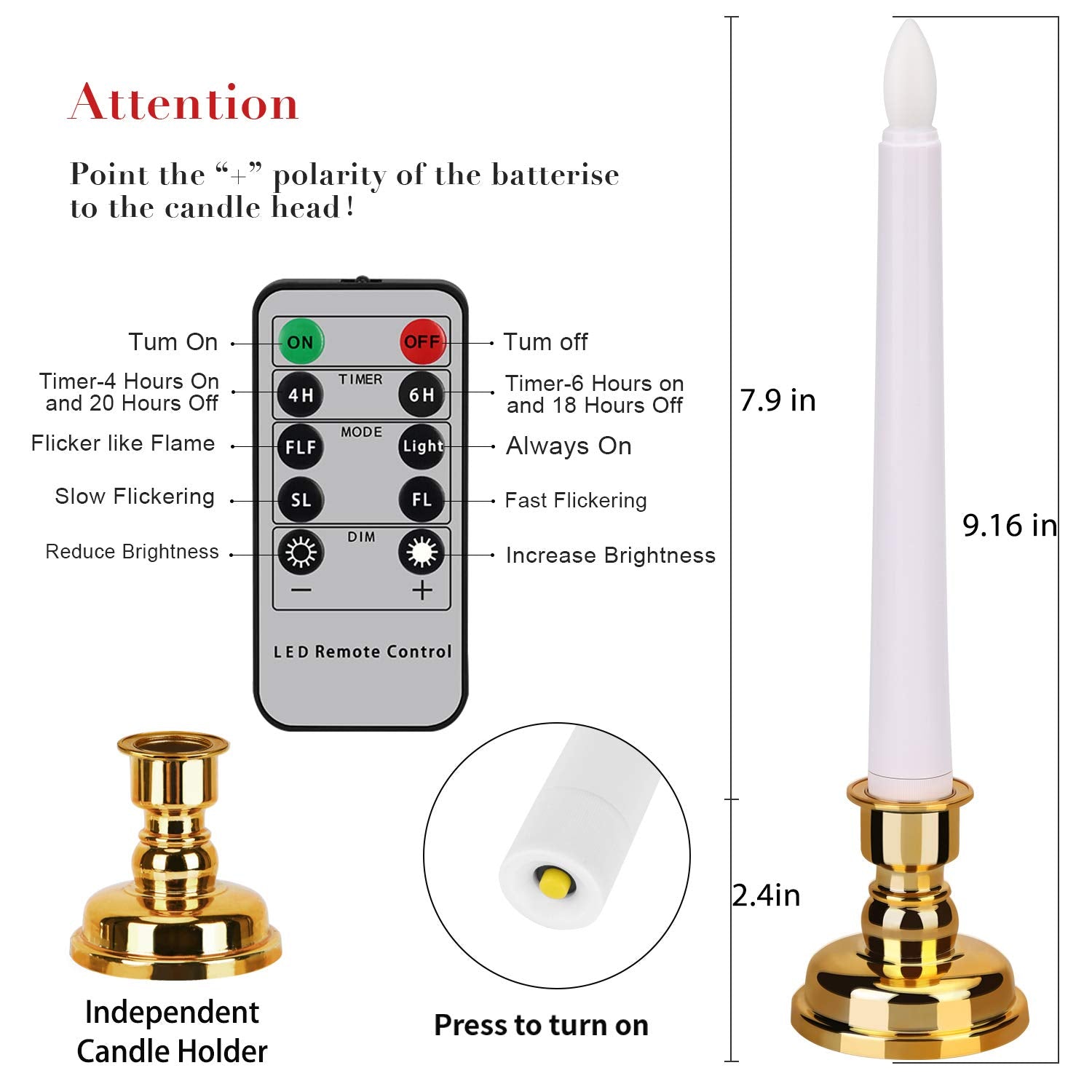 Freepower Flameless Window Candles With Gold Candle Bases, Battery Operated Taper Candle With 4H/6H Daily Timer, Remote Window C