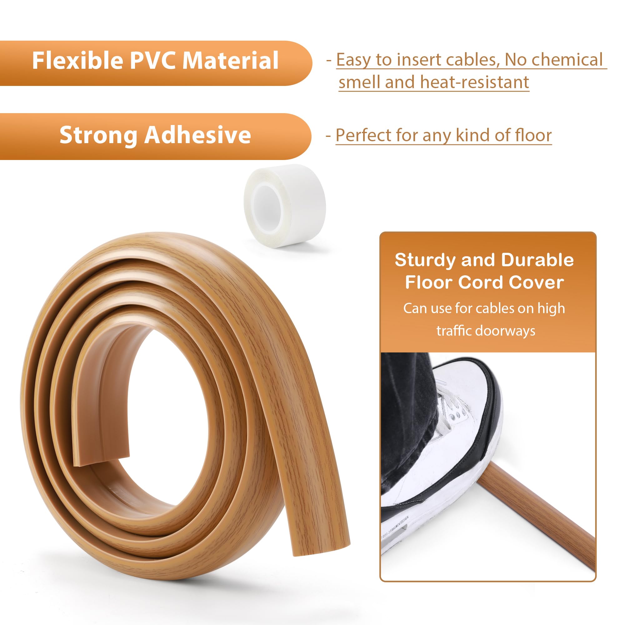 Floor Cord Cover 4Ft, Cord Hider Floor Yellow Oak Wood, Floor Cable Management Prevent Cable Trips, Floor Cable Cover Wire Cover