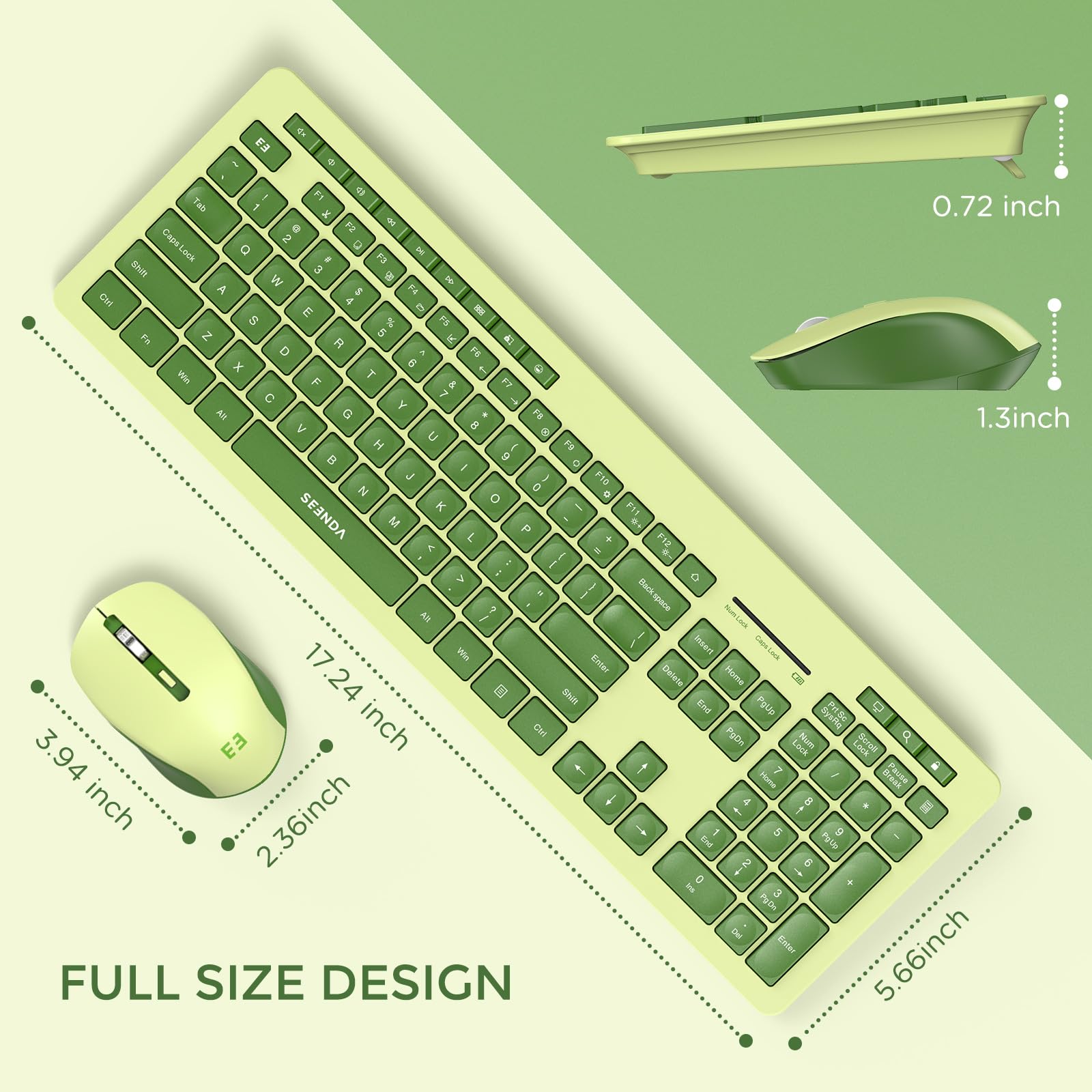 Seenda Wireless Keyboard And Mouse Combo, 2.4Ghz Cordless Quiet Keyboard Mouse With Usb Receiver, Full Size Cute Green Combo, Compatible For Windows Laptop Computer Desktop Pc, Light And Dark Green