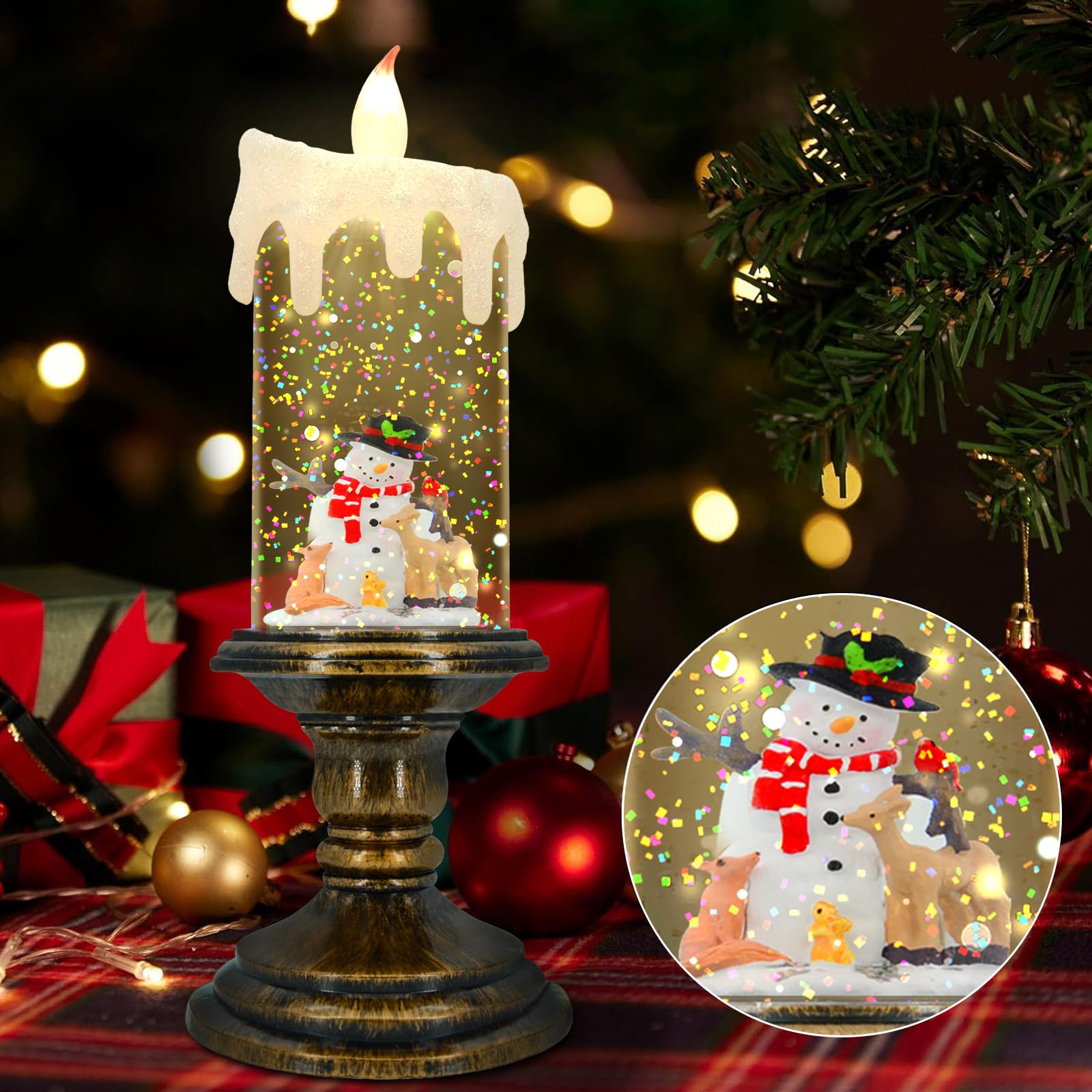 Aomil Christmas Flameless Candles, Flickering Flameless Candles With Timer, Christmas Led Candles Battery Operated, Snow Globe C