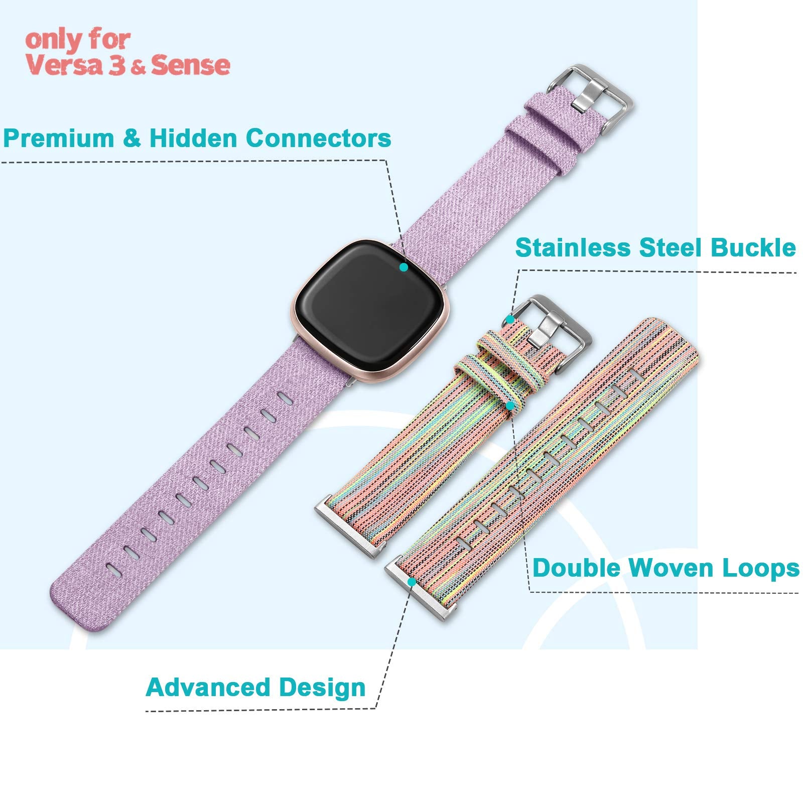 Maledan Woven Bands Compatible With Fitbit Versa 3 / Sense/Sense 2 / Versa 4 Smartwatch, Lightweight Comfortable Woven Fabric, 2