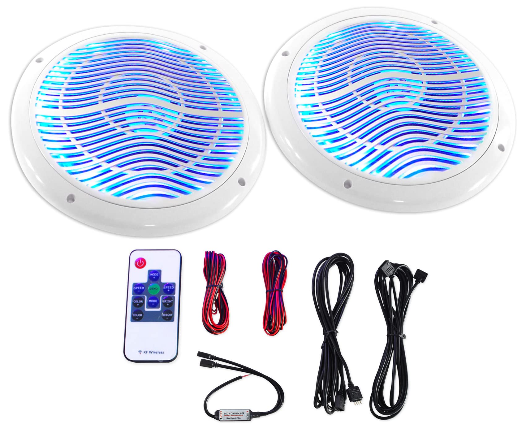Rockville RMC80LW 8 Marine Speakers, 800W 2-Way, White, Multi-Color LED Lighting with Remote, Waterproof and UV Resistant for Bo
