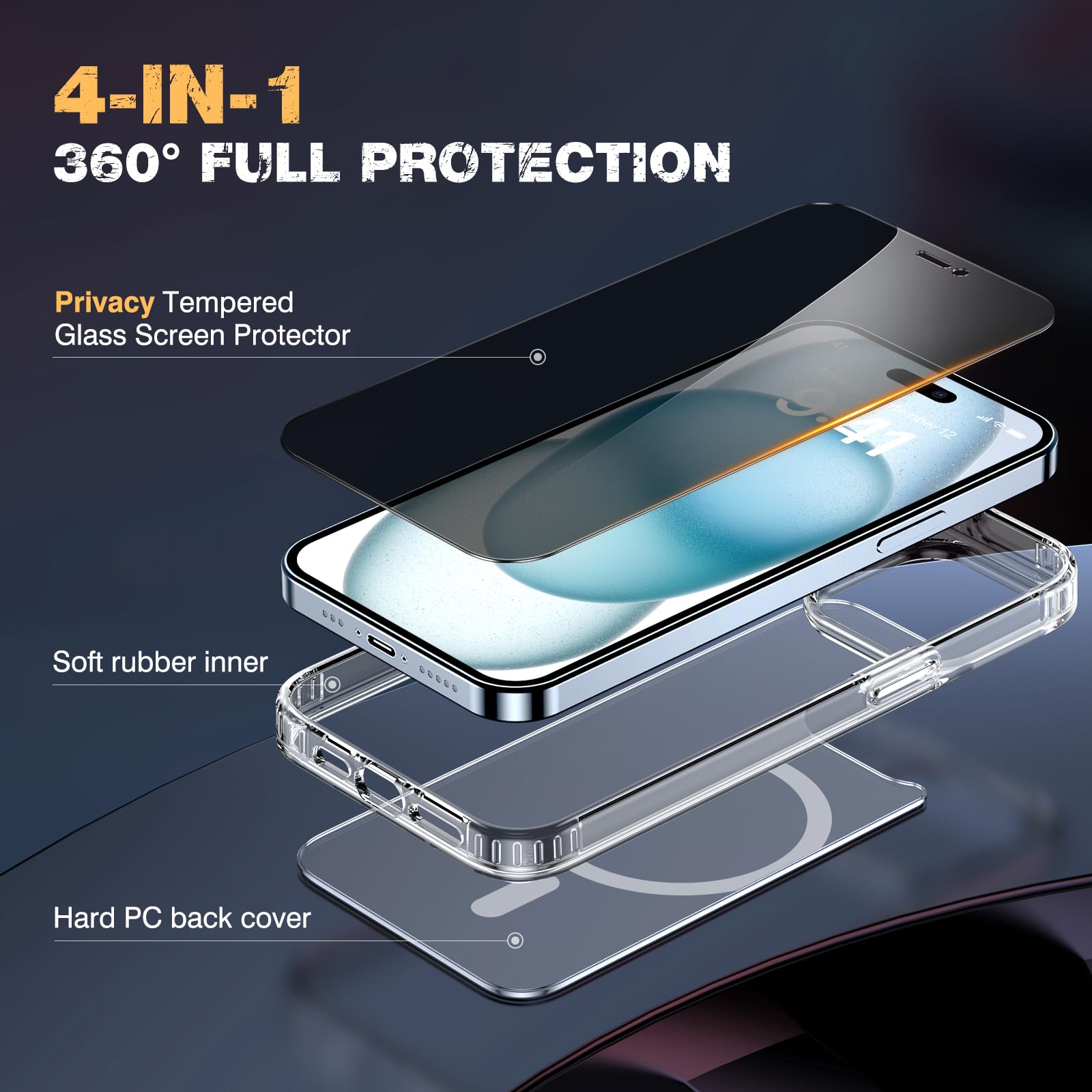 Diaclara Designed For Iphone 15 Plus Case With Magnetic Ring, [With Privacy Screen Protector] [Anti Spy] [Military Grade Drop Pr