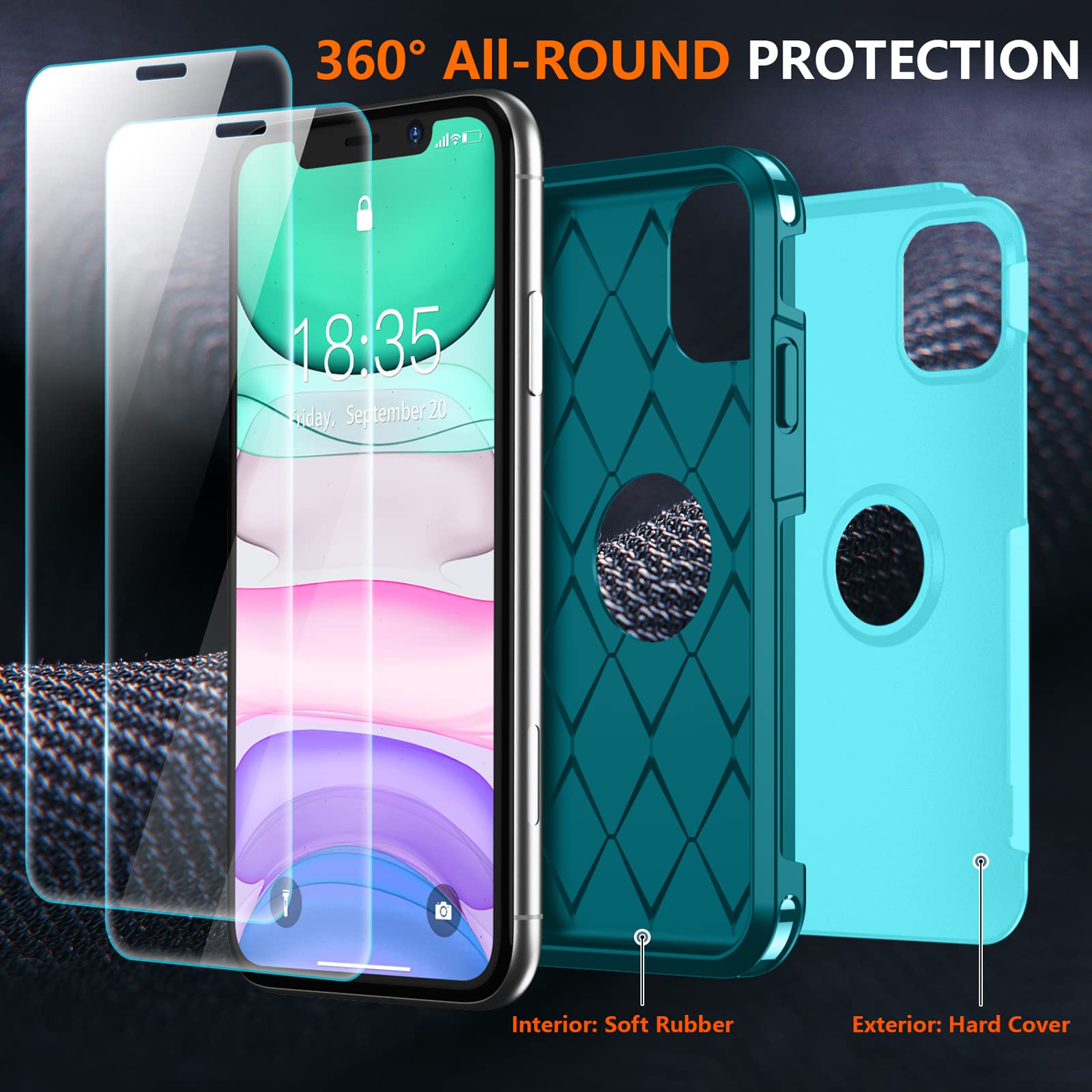 Spidercase Shockproof For Iphone 11 Case, [10 Ft Military Grade Drop Protection] [2 Pcs Tempered Glass Screen Protector+2 Pcs Ca