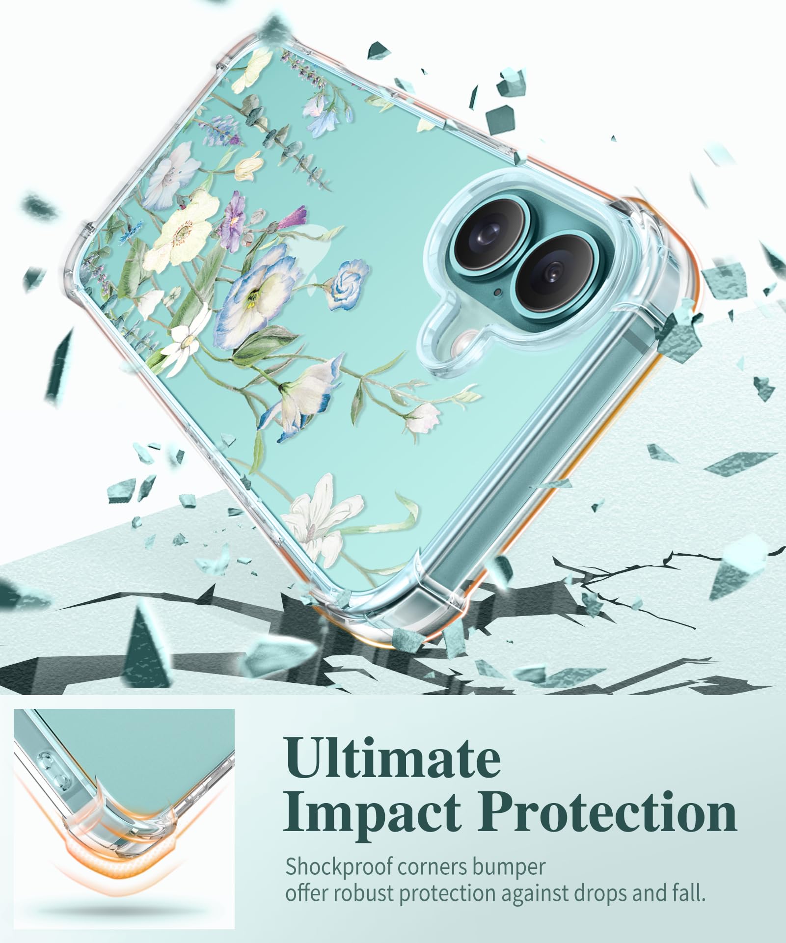 Gviewin For Iphone 16 Case, With Screen Protector & Camera Lens Protector, Floral Shockproof Protective Bumper Slim Soft Clear P