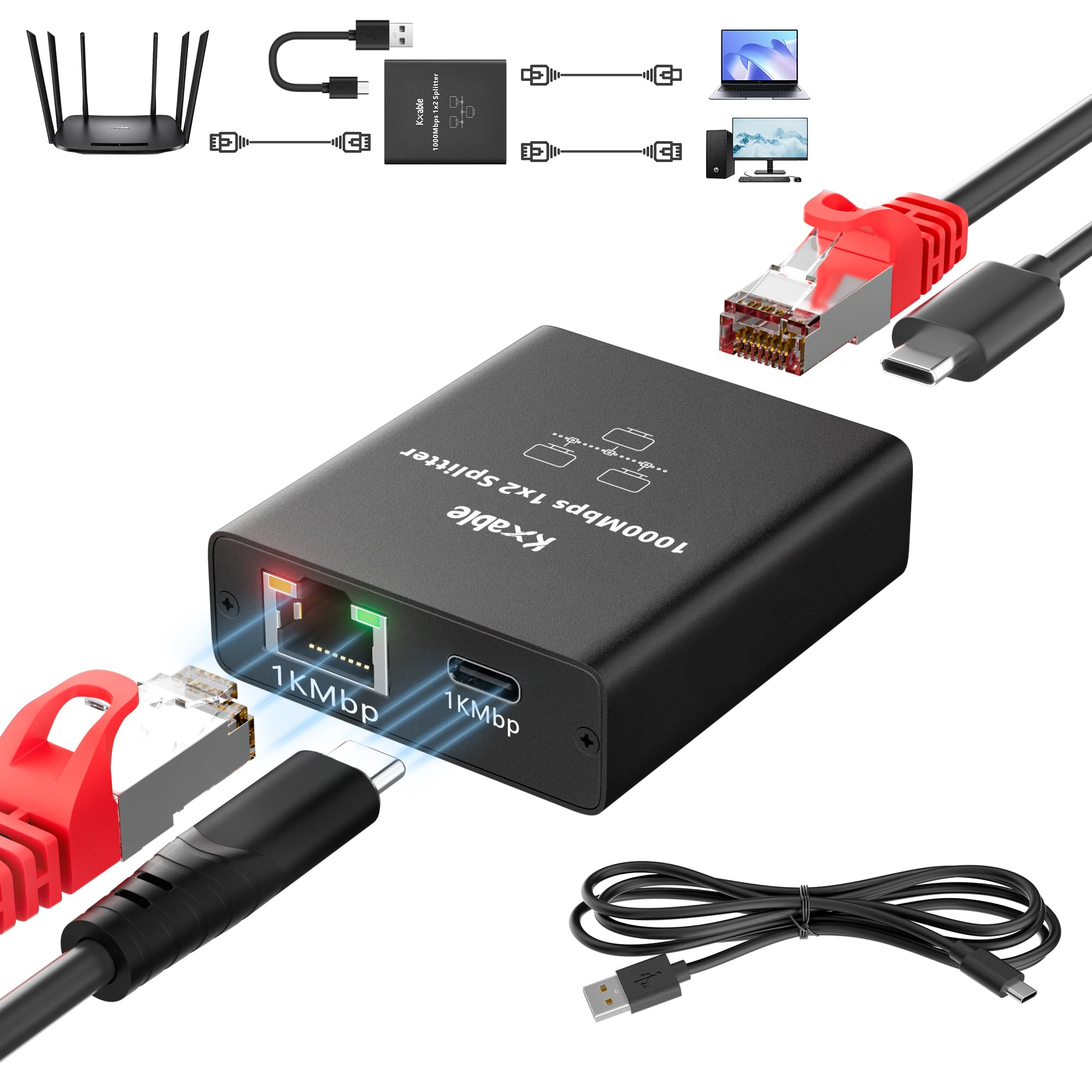 Ethernet Splitter 1 To 2 Out (Rj45+Usb C), Upgrade Design Rj45 Splitter With Usb Power Cable, Gigabit Lan Internet Adapter, High