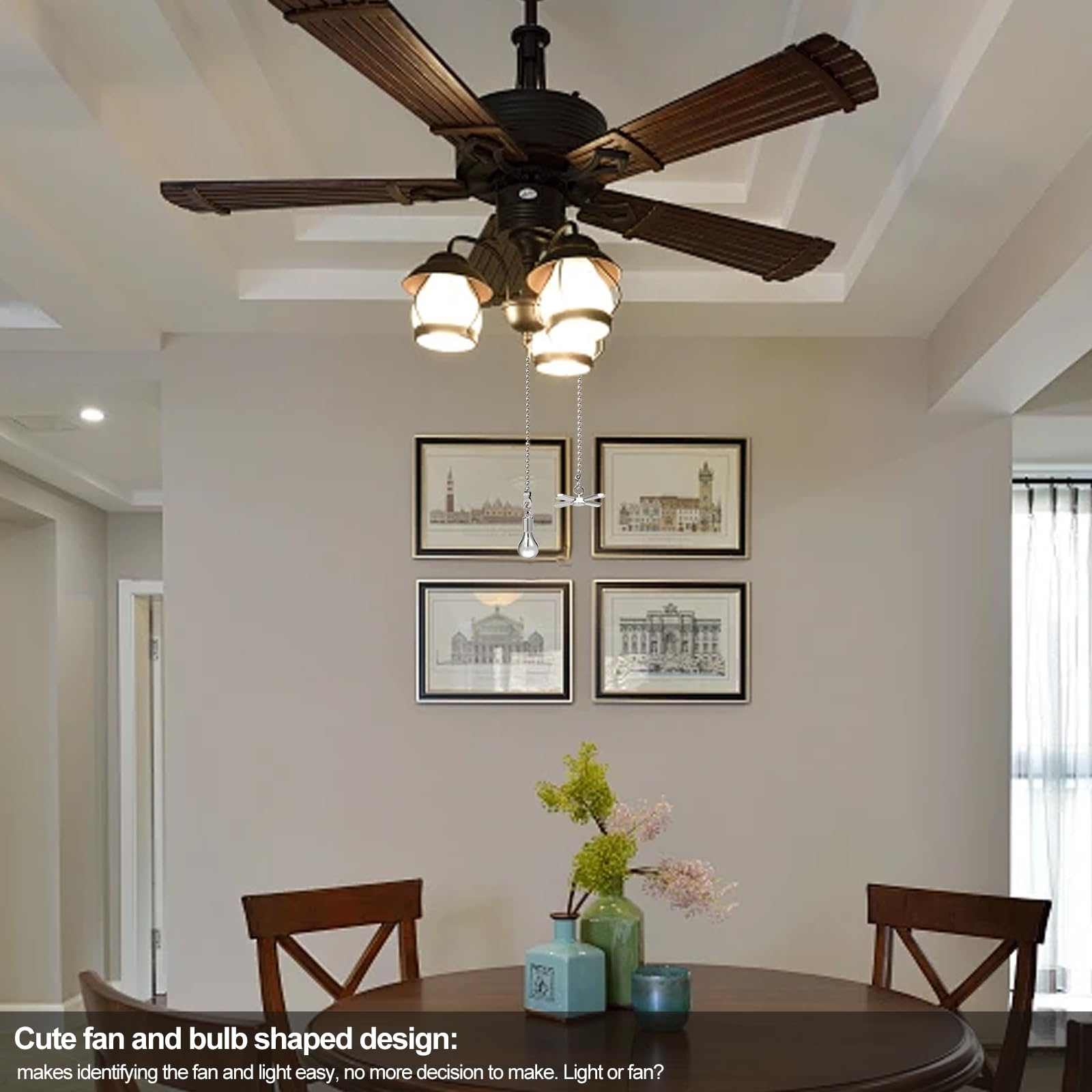 Jia Qaq Ceiling Fan Pull Chain Ornaments, 13.6 Inches Fan Pulls Extension Chains Set, Decorative Metal Light Bulb And Fan Cord,