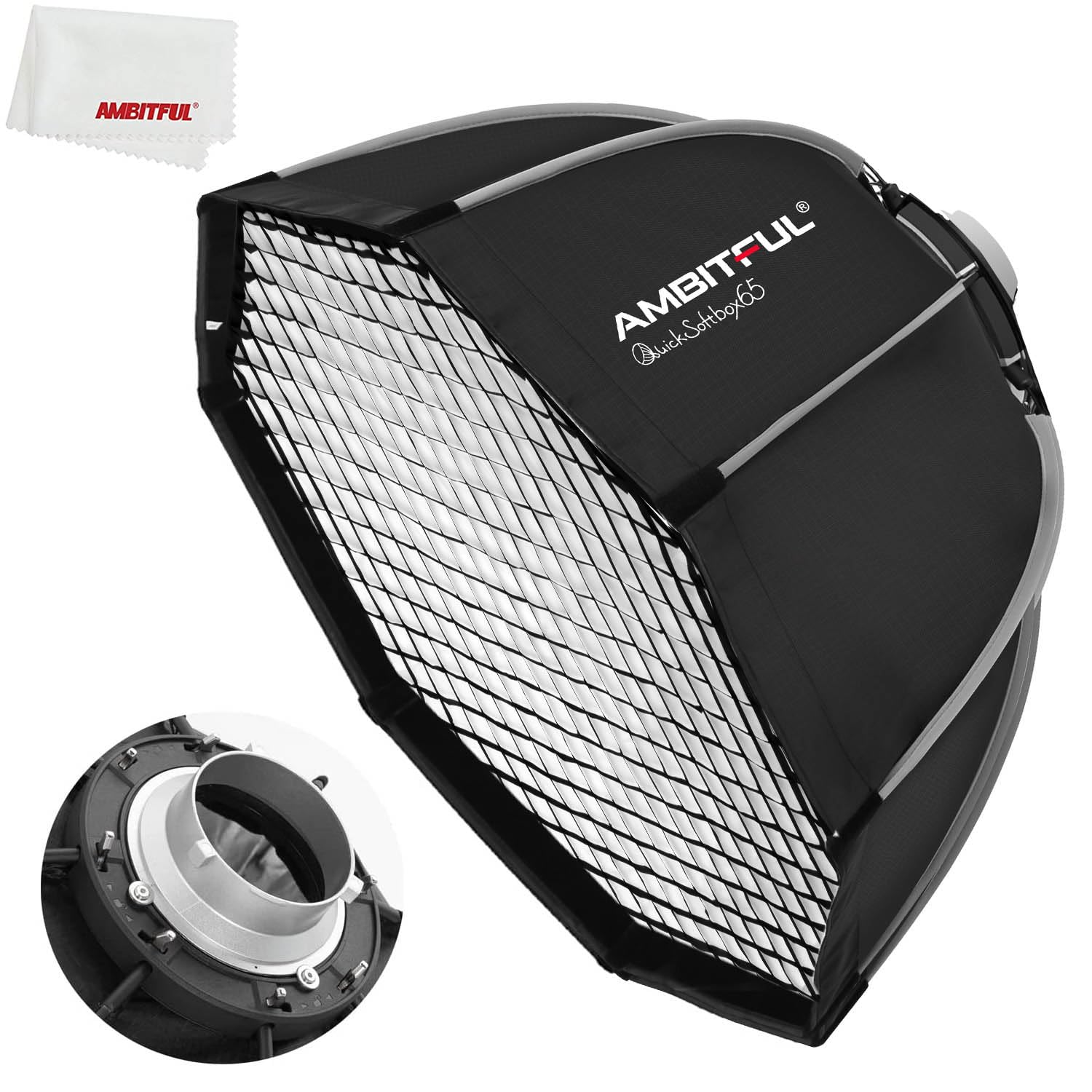 Ambitful Bowens Mount Softbox Quick Installation Softbox + Honeycomb Grid For Studio Strobe Outdoor Photography (25.6'' / 65Cm O
