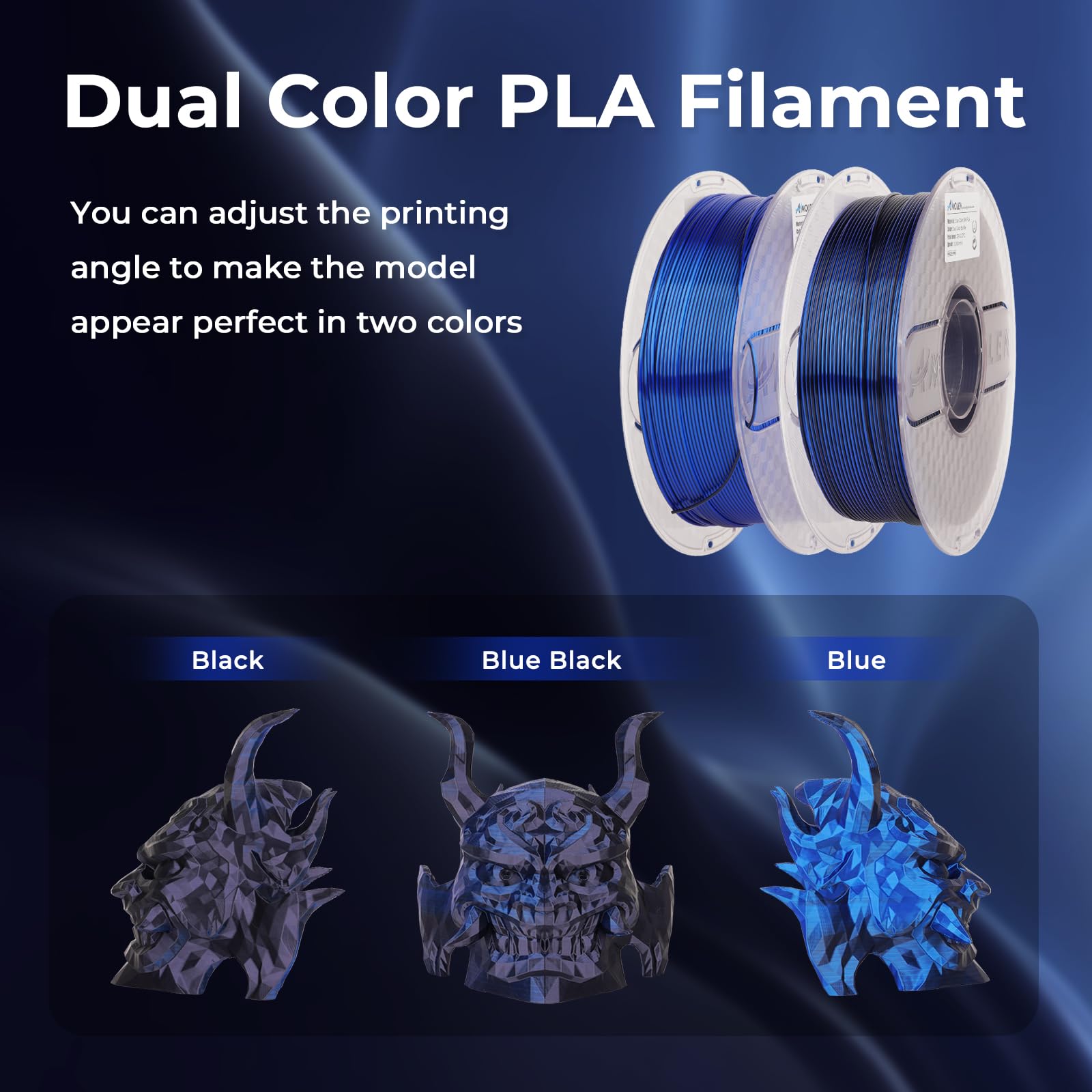 Amolen Silk Pla 3D Printer Filament, Dual Color Black Blue Pla 1.75Mm, Shiny Color Change Filament 3D Printing Pla Filament For