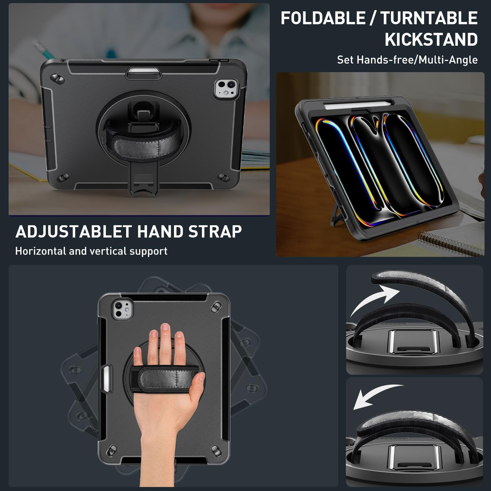 Supfives Case For Ipad Pro 11 Inch 2024 (5Th Gen), With Screen Protector/Shoulder Strap/Pencil Holder/Handle/Rotating Stand, Bla