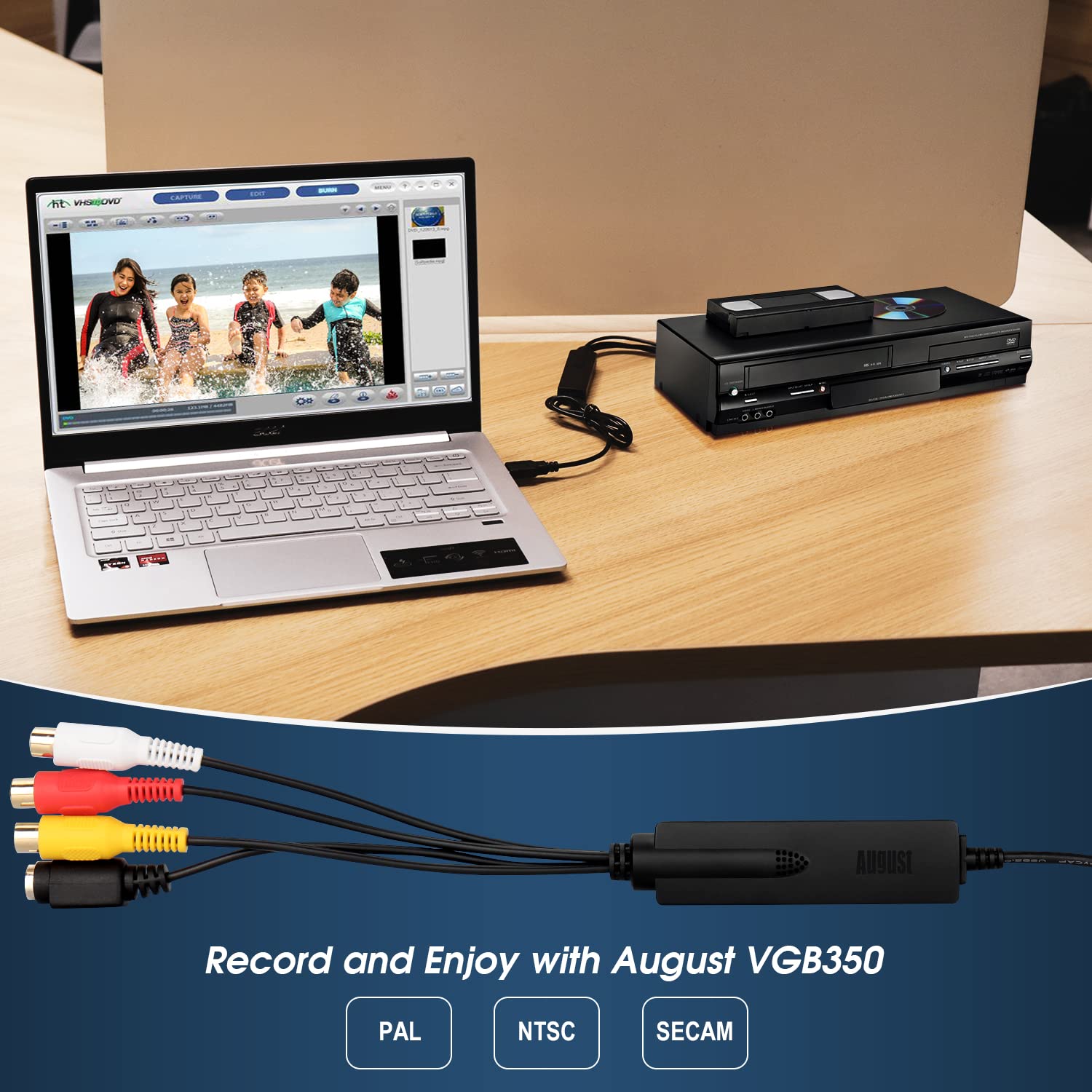 Usb Video Capture Card Grabber - August Vgb350 - Transfer Vhs Mini Dv Hi8 Dvd To Computer For Windows 11,10,8,7, Composite S-Vid