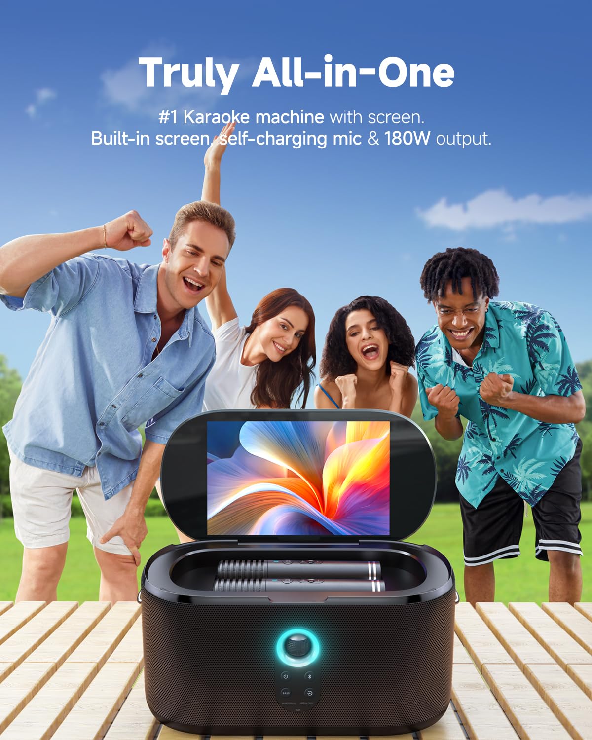 Ikarao Smart Karaoke Machine, Built In 10.1'' Screen Lyrics Display For Adults Kids, 2 Auto Charging Wireless Microphones, Porta