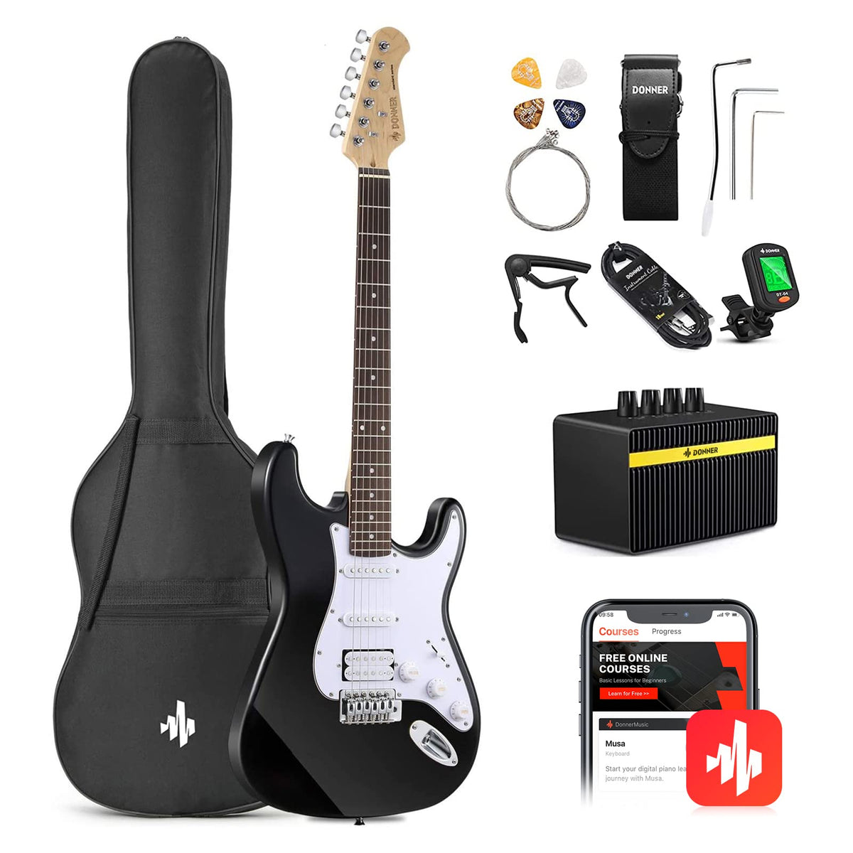 Donner DST-100B 39 Inch Electric Guitar Beginner Kit Solid Body Full Size Black HSS for Starter, with Amplifier, Bag, Digital Tu