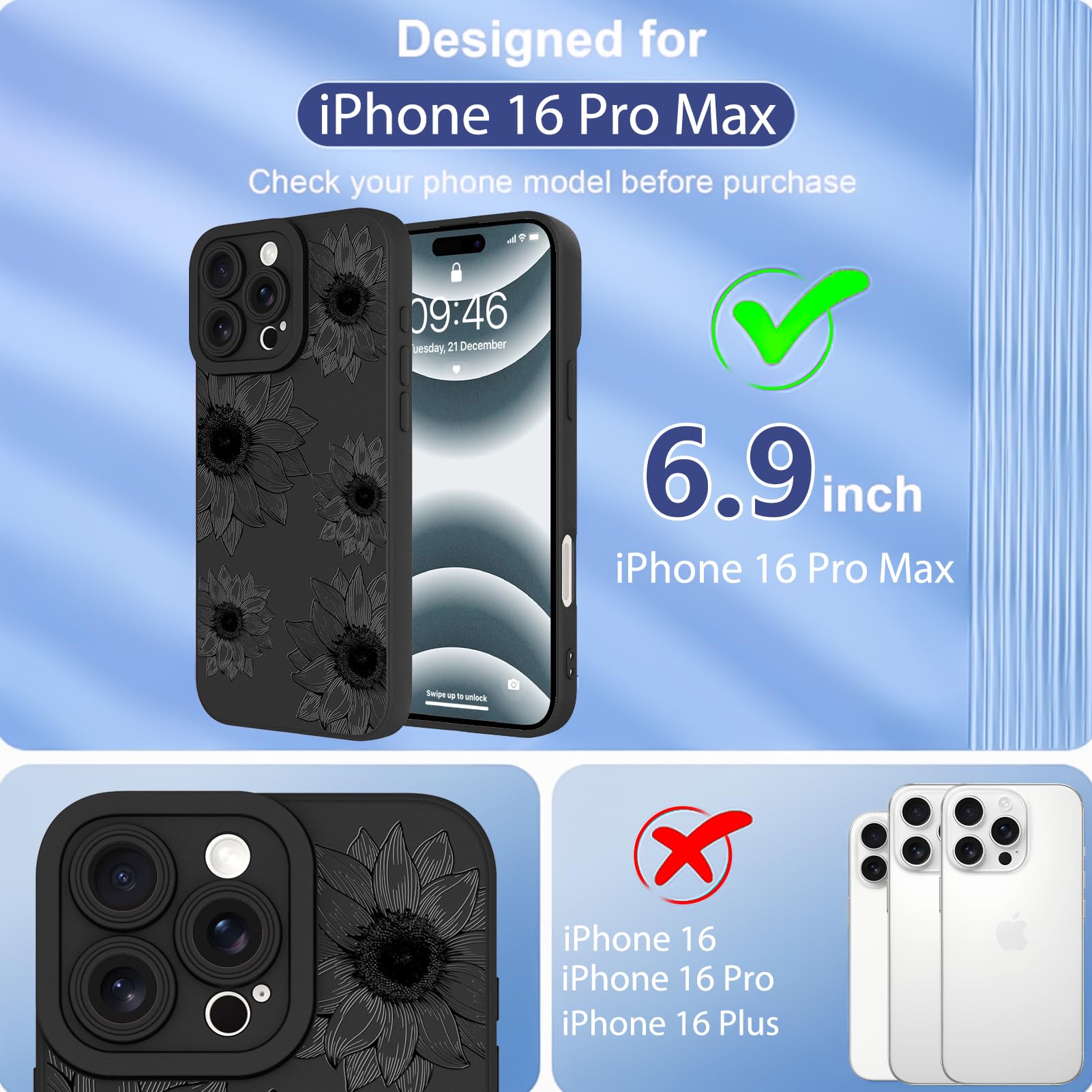 Ook Floral Case For Iphone 16 Pro Max Case, Cute Sunflower Floral Blooms Design Soft Tpu Shockproof Protective For Women Girls P