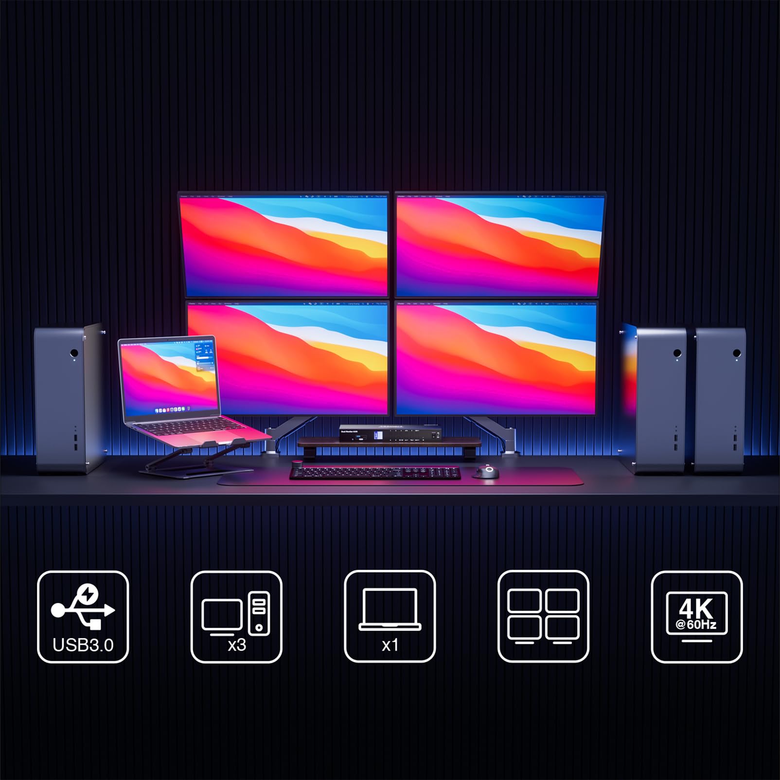 Tesmart Quad Monitor Hdmi+Dp Mst Kvm Switch 4 Monitors 4 Computers 4K@60Hz, Usb 3.0 Kvm Docking Station, Audio&Microphone, Edid