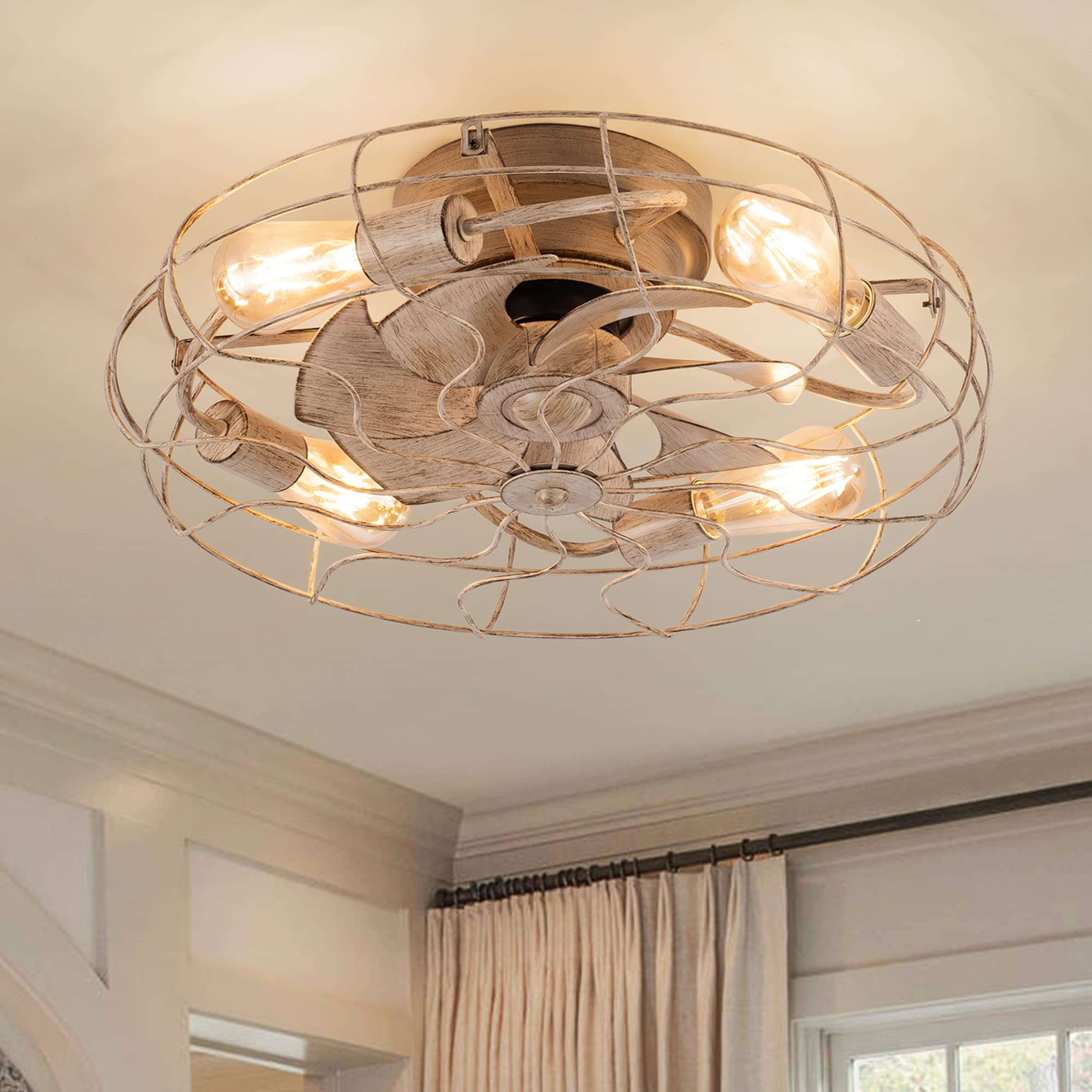DIDER 21 Low Profile Caged Ceiling Fan with Lights Remote Control, Include Bulbs, White Bladeless Ceiling Fan Indoor for Kitch