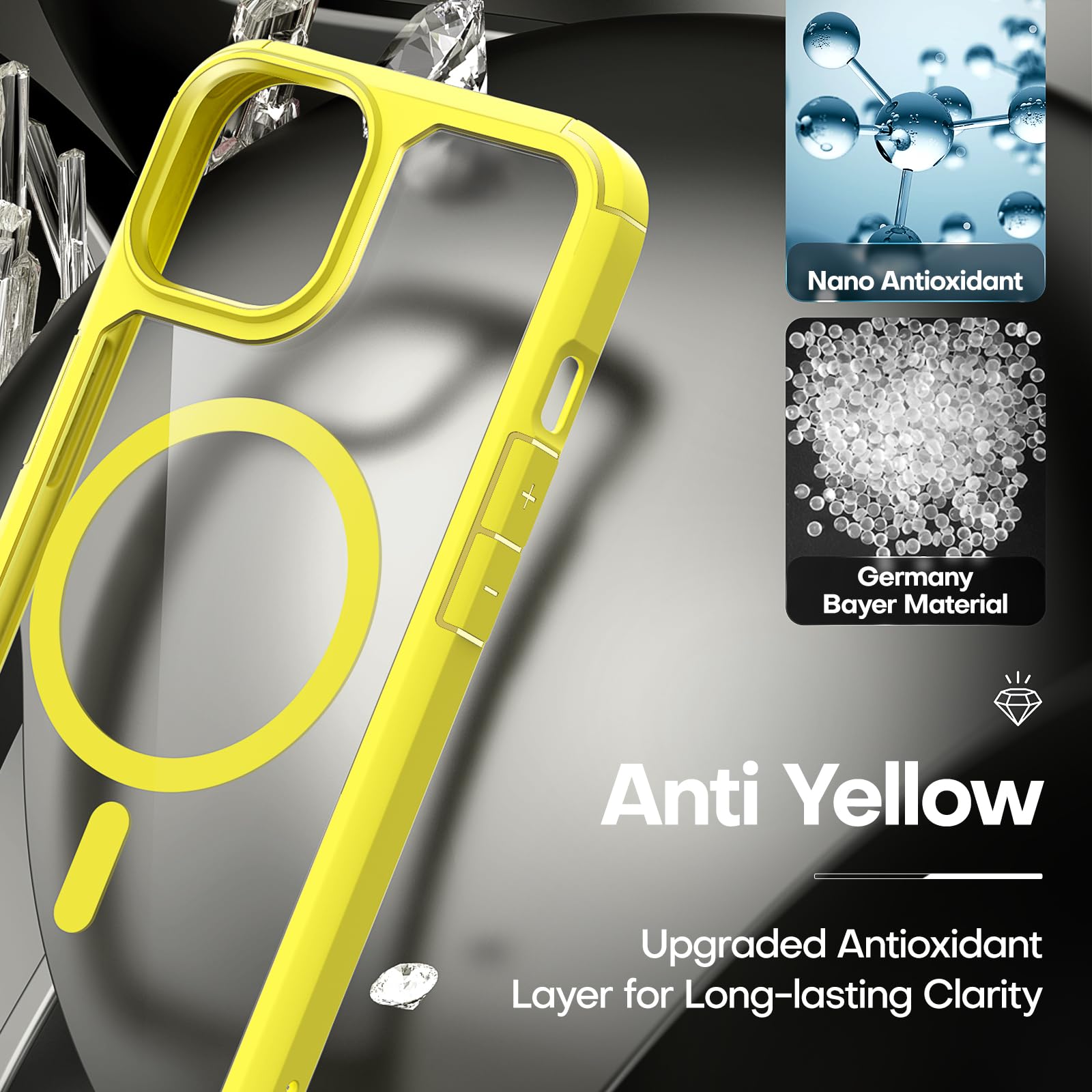 Tauri 3 In 1 Magnetic For Iphone 14 Case Yellow, Compatible With Magsafe [Not Yellowing] With 2X Screen Protector, Military Grad