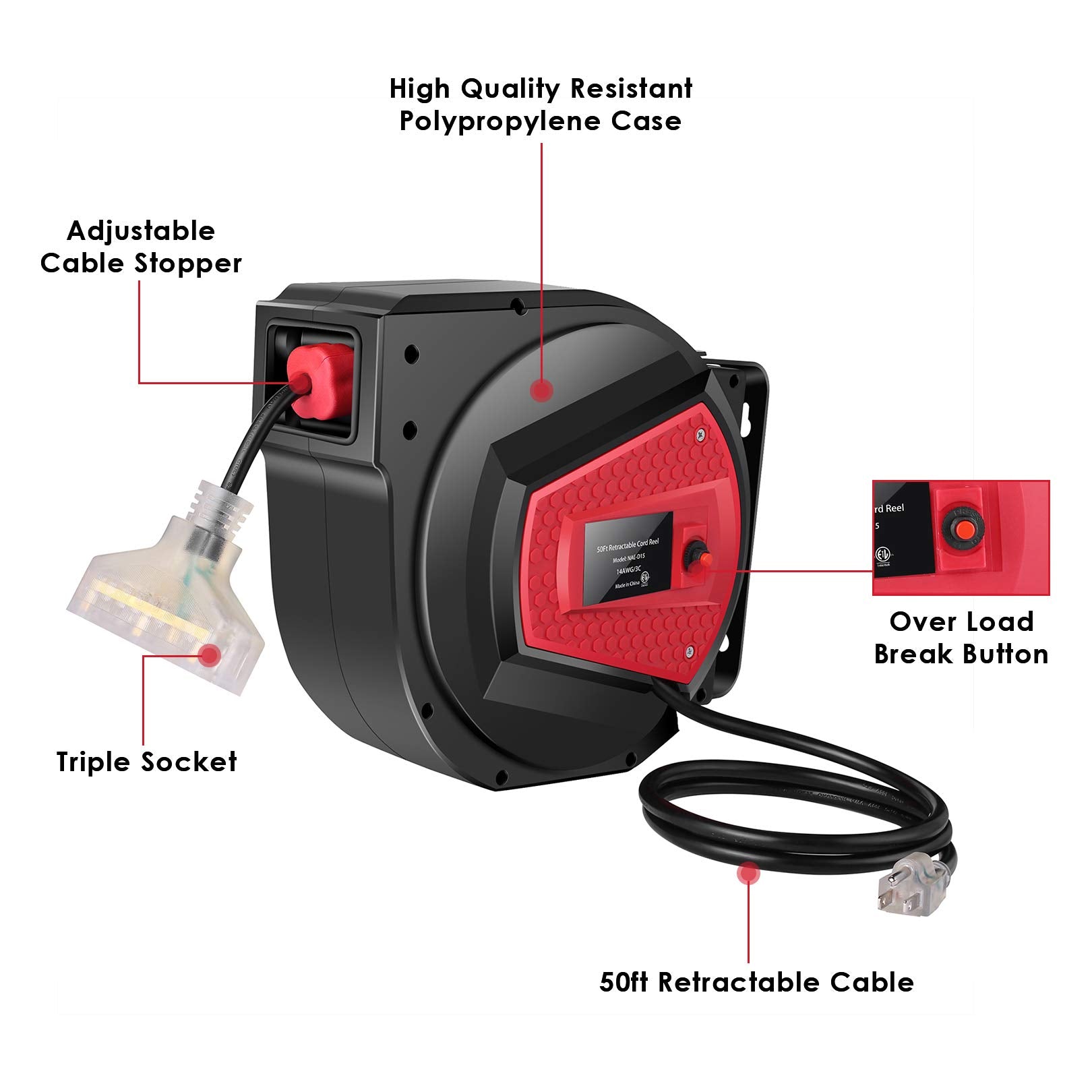 Bathwa Retractable Extension Cord Reel, 50 Ft Heavy Duty Industrial 14Awg/3C Power Cord, Outdoor Electrical Cord With 3 Grounded