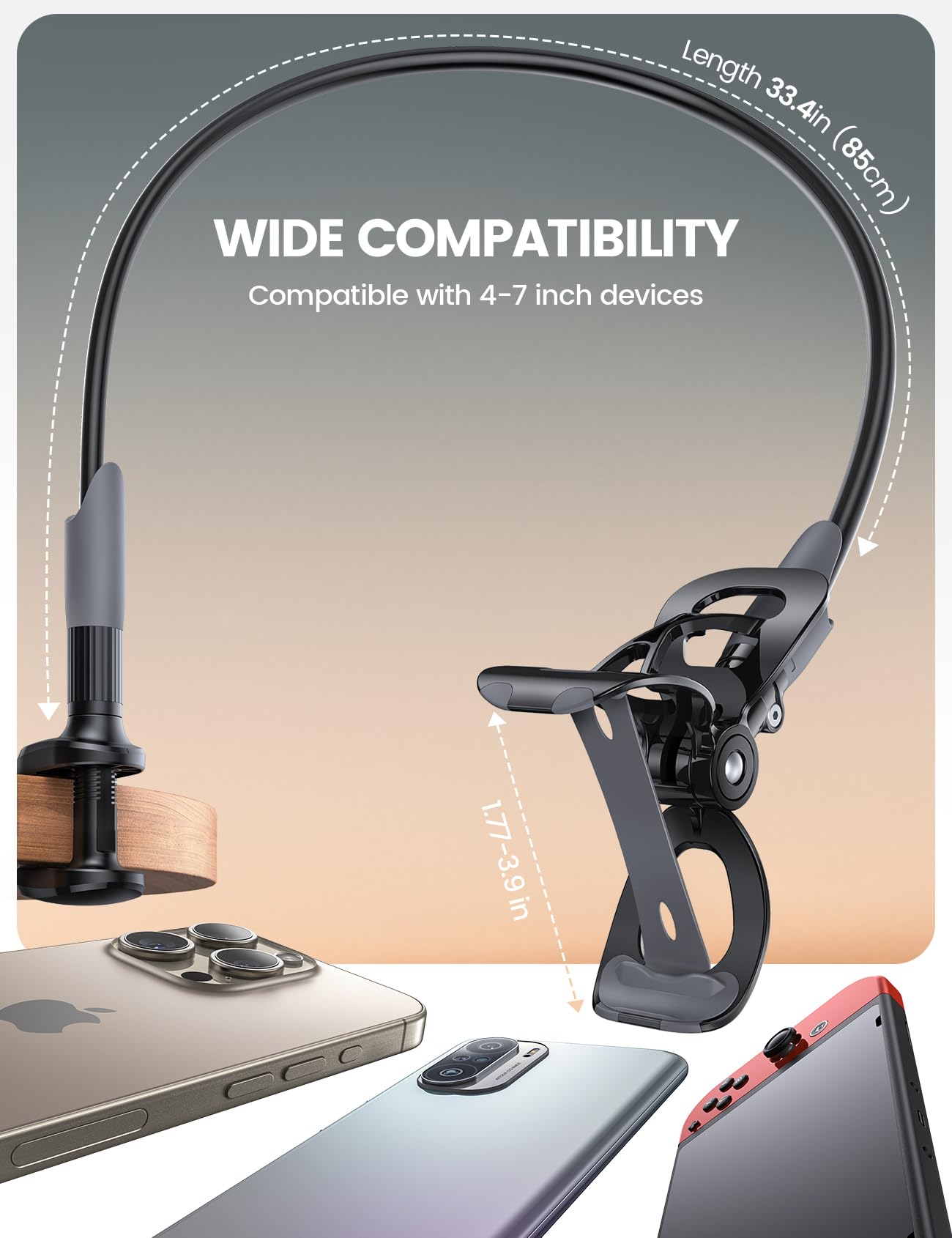 Lamicall Gooseneck Phone Holder for Bed   Cell Phone Mount Clamp Clip, Flexible Long Arm, Overhead Mount for Desk Headboard Bedside, for iPhone 16 Pro Max, 15 Pro Max, 14 Plus, 13 Mini & 4 7' Phone