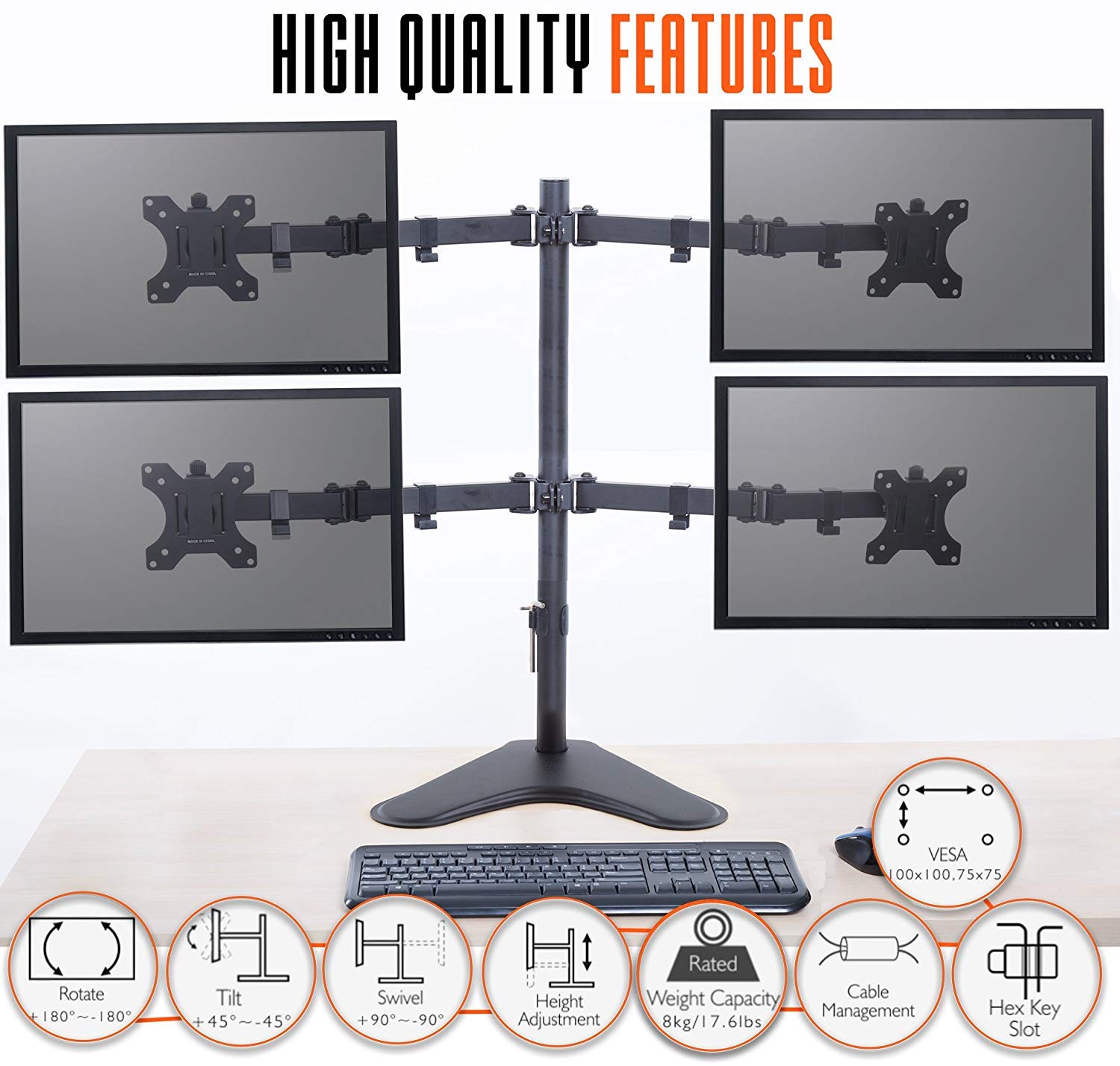 Stand Steady 4 Monitor Mount | Height Adjustable Monitor Stand With Stabilizing Freestanding Base | Four Monitor Arm With Full Articulation Vesa Mount Fits Most Lcd/Led Monitors 17 32 In. (Black)