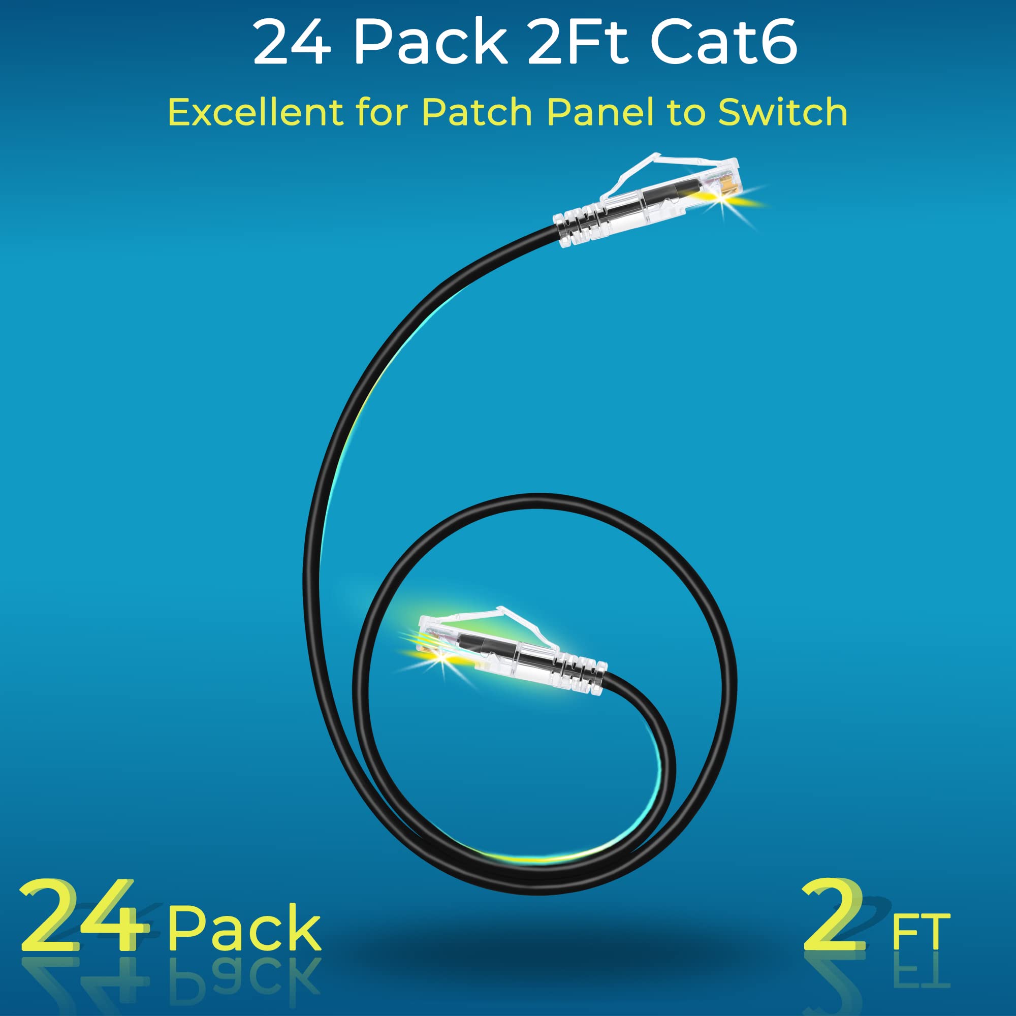 Rapink Patch Cables Cat6/ Cat6A 2Ft (24 Pack) Slim, Cat6A Ethernet Patch Cable 10G Support, Snagless Cat 6 Patch Cable For Patch Panel To Switch, Flexiable Cat6 Ethernet Cable Black