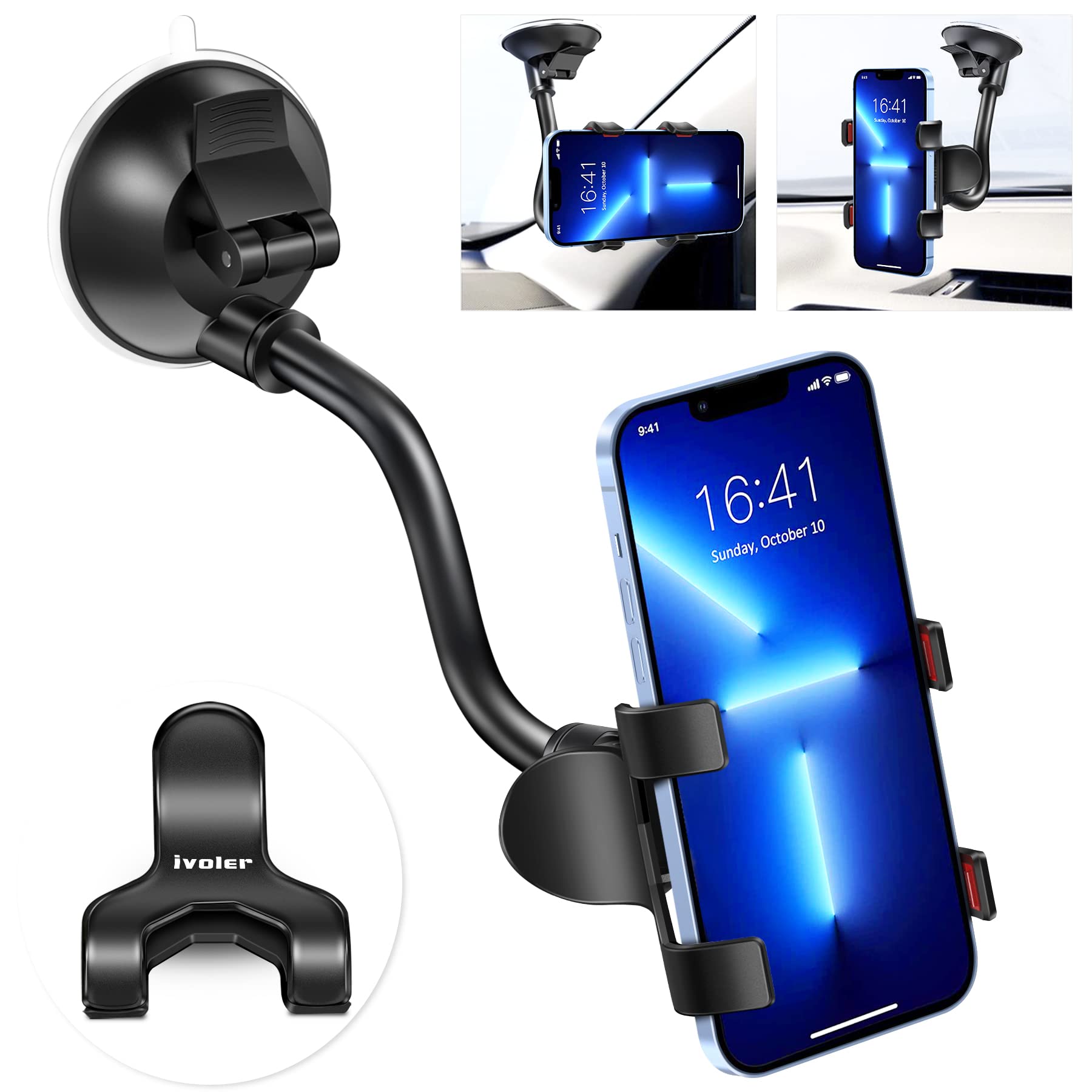 Ivoler Car Phone Mount Windshield, Long Arm Clamp Universal Windshield With Double Clip Strong Suction Cup Cell Phone Holder Compatible With Iphone 15 14 13 Pro Max Xs 7 8 Plus, Galaxy S24 S23 Ultra