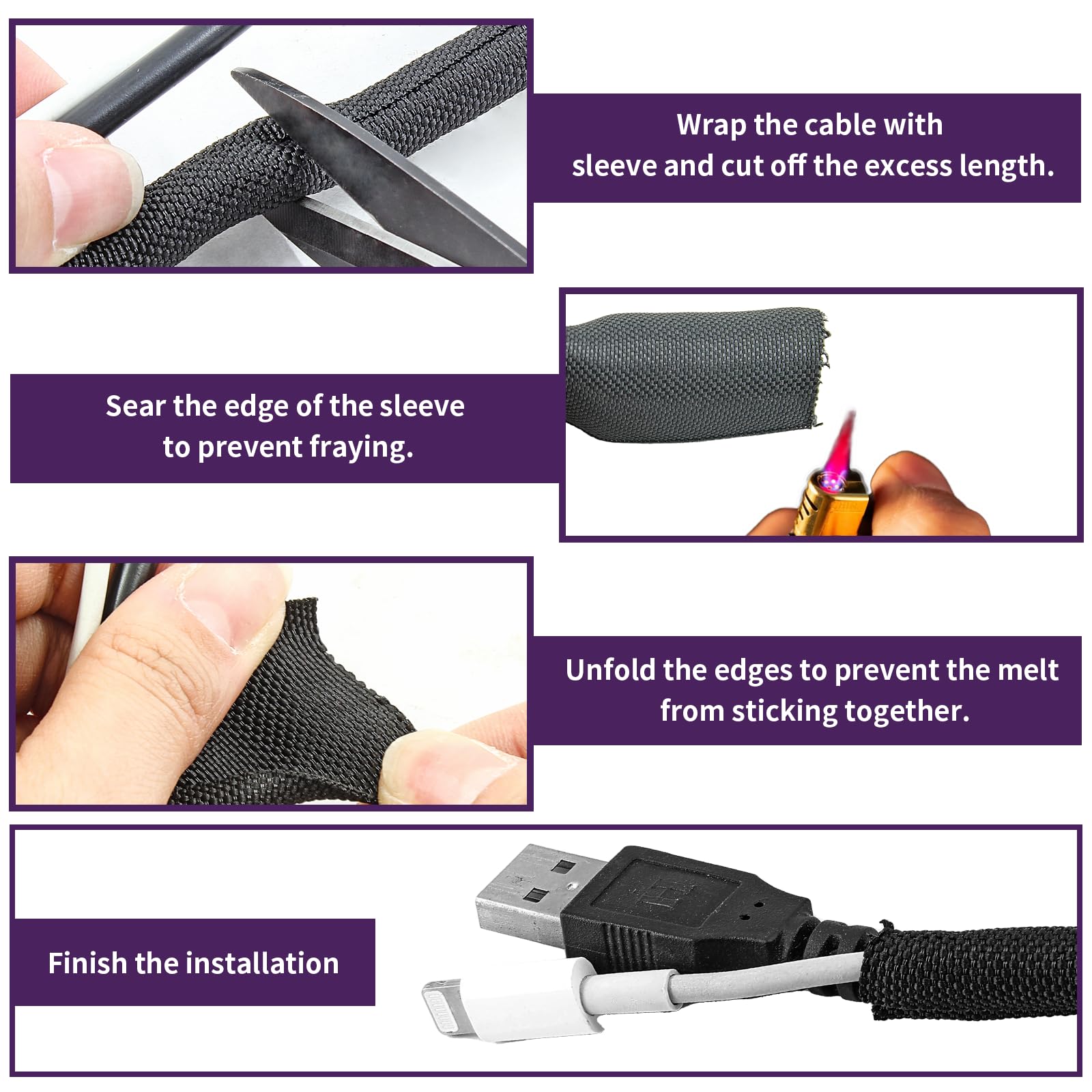 Qjaiune 10Ft   1/4 Inch Black Cable Sleeves Cord Management, Split Sleeving Wire Protector Desk Cord Organizer, Self Wrapping Wi