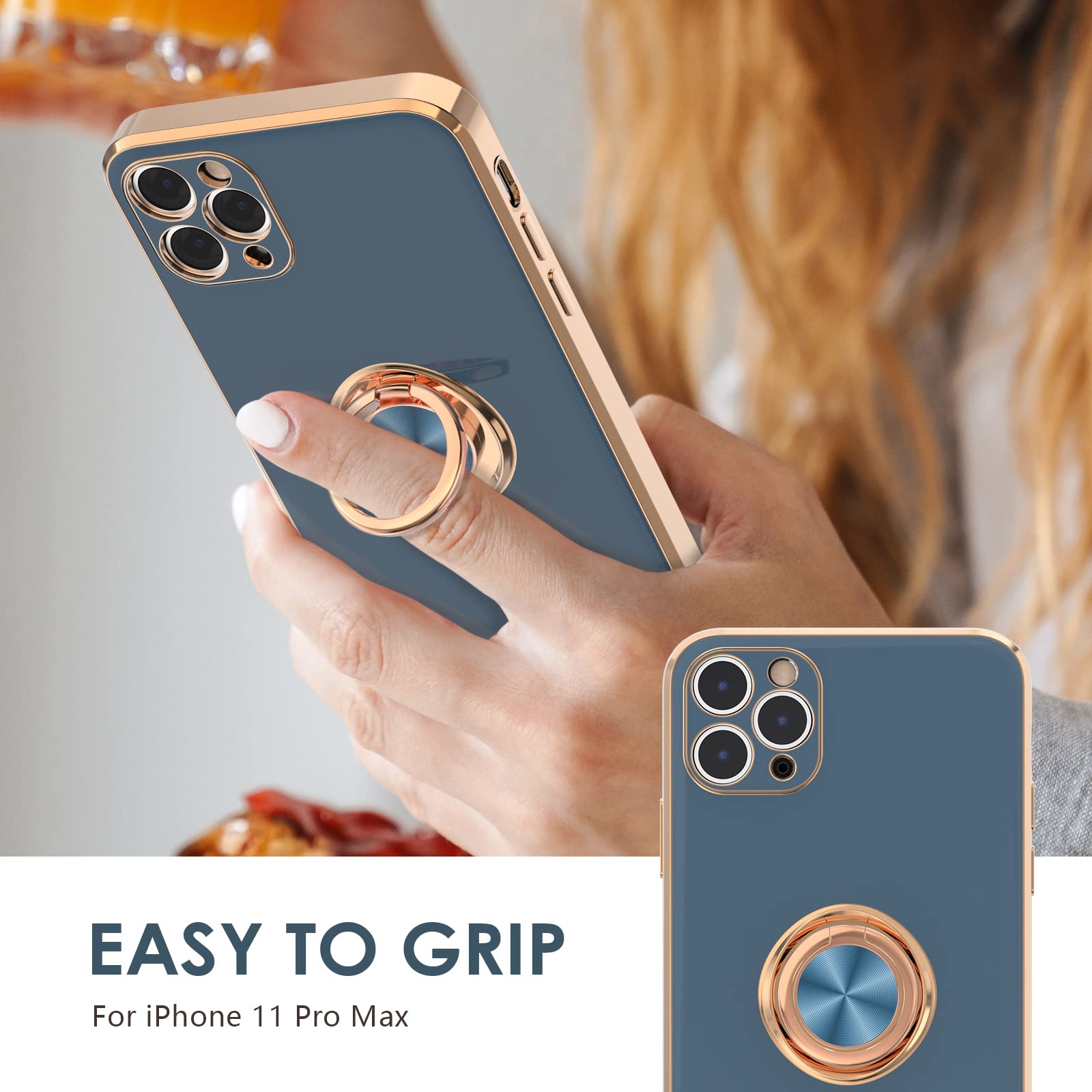 Hython For Iphone 11 Pro Max Case With Ring Stand, Plating Rose Gold Edge 360 Rotatable Ring Holder Magnetic Kickstand Cover, Sl