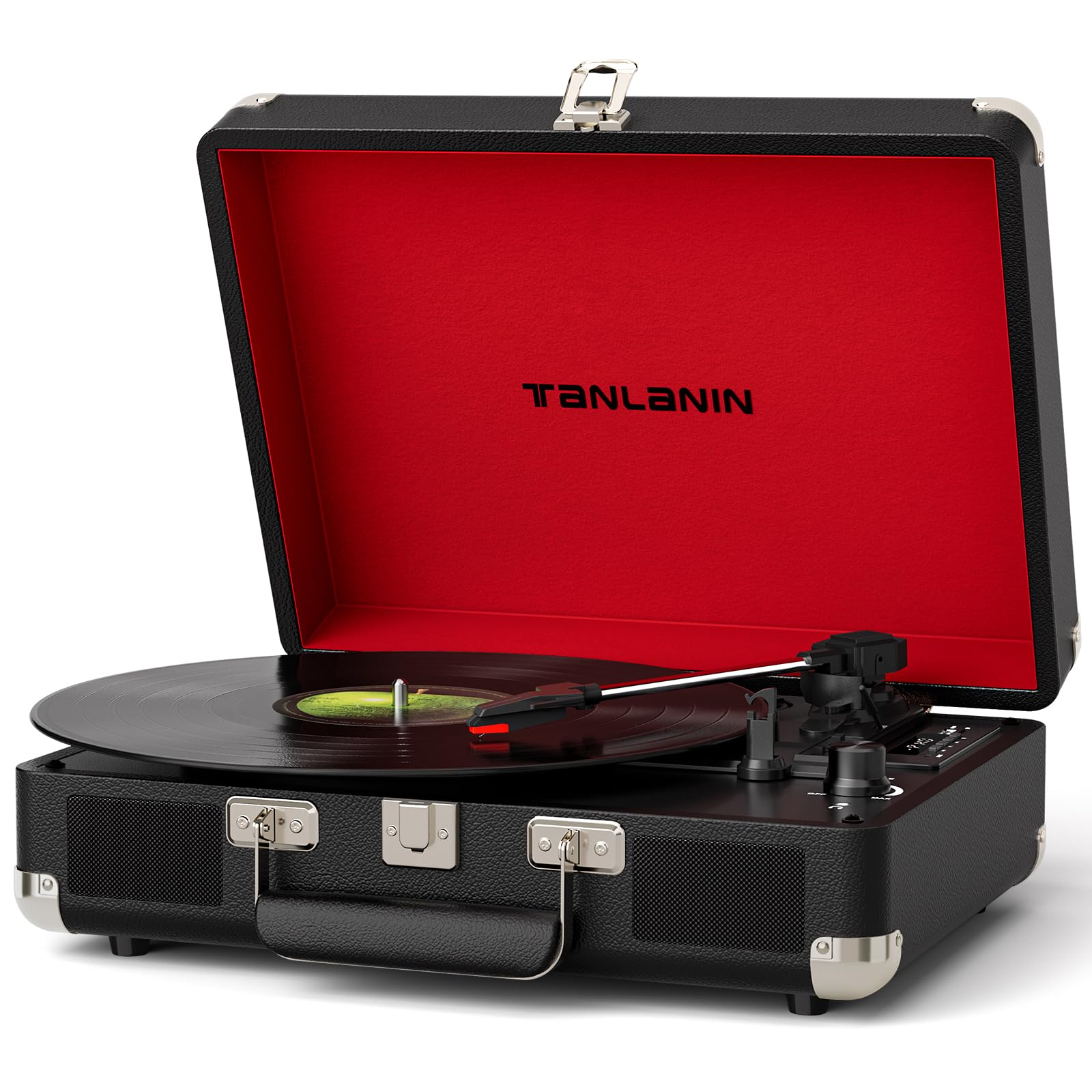 TANALNIN Vinyl Record Player, 3-Speed Bluetooth Portable Suitcase Turntable with Built-in Speakers, USB Recording, RCA Output, A