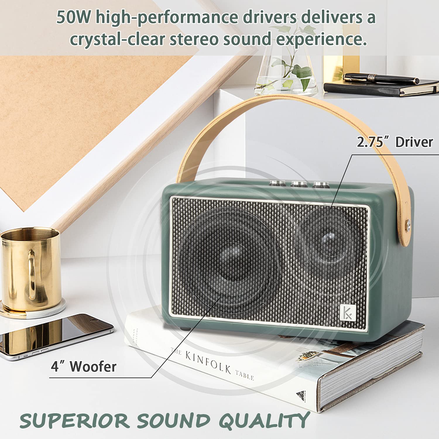 Vintage Bluetooth Speaker, Konex 40W Leather Portable Wireless Speaker, Bluetooth 4.2 Heavy Bass Music Player, 20H Long Playtime