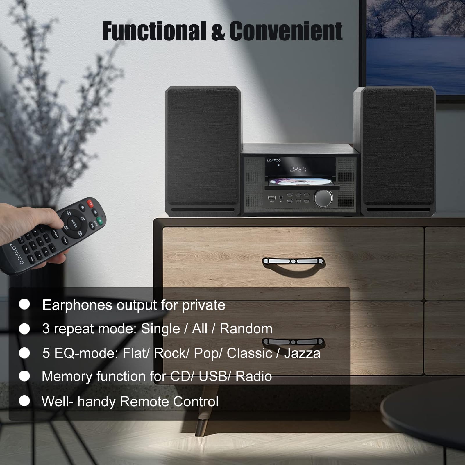 Home Cd Stereo Shelf System,100W Hi Fi Bookshelf Speskers System (Cd Player, Fm Radio, Wireless Bluetooth, Usb Playback, Aux, He