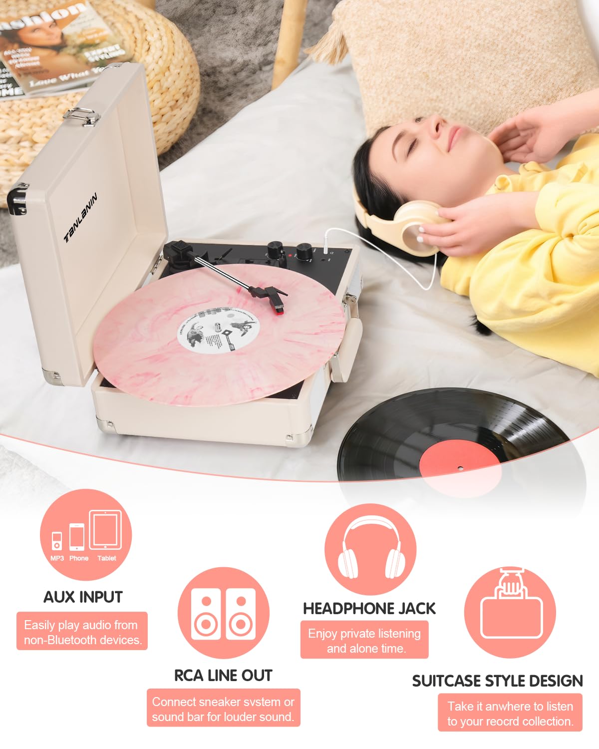 Vinyl Record Player   3 Speed Turntable Portable Suitcase Record Player With Bluetooth, Treble & Bass Control, Built In Speakers