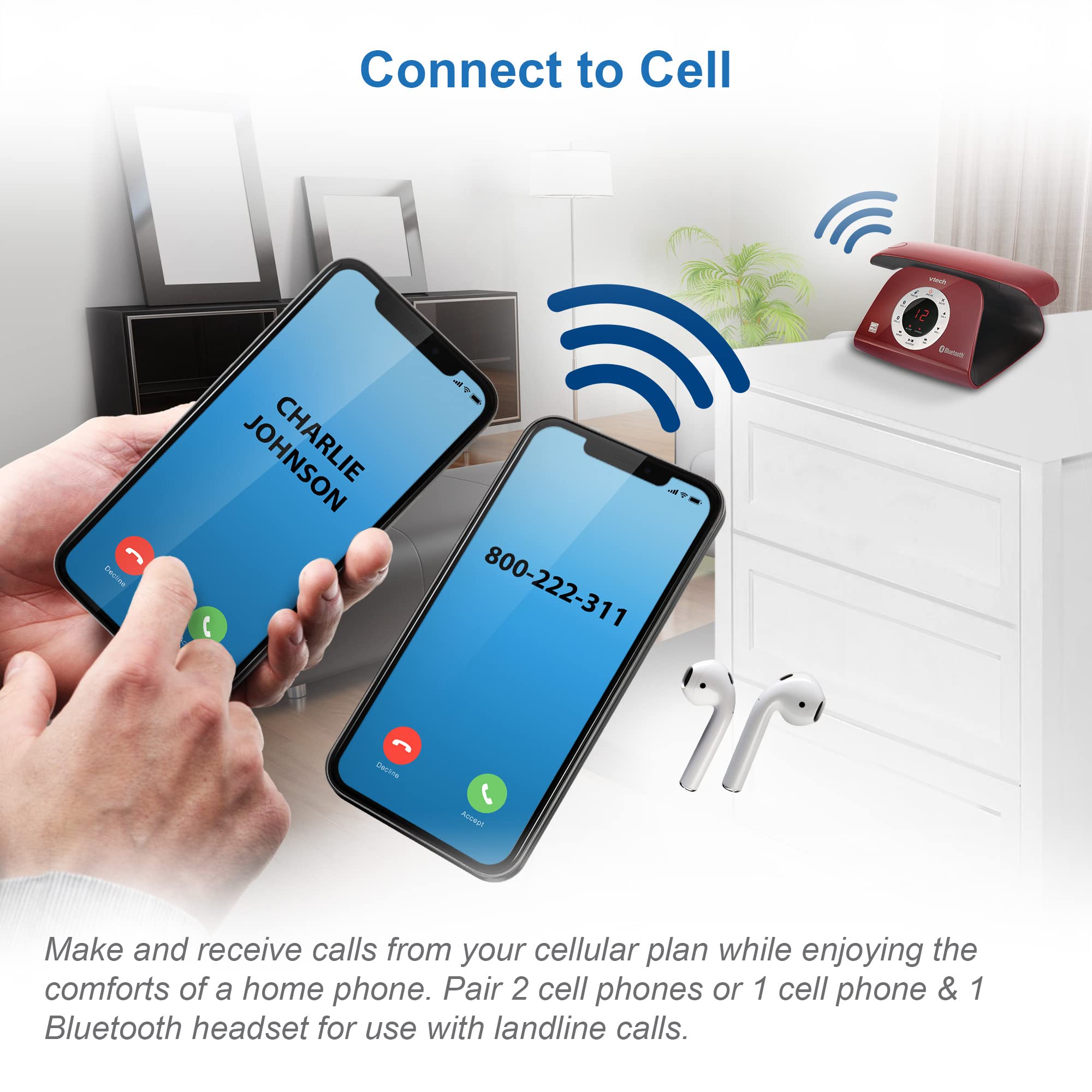 Vtech Vs122-16 Retro-Design Cordless Phone: Bluetooth Connect To Cell, Call Blocker, Answering System, Full-Duplex Speakerphone