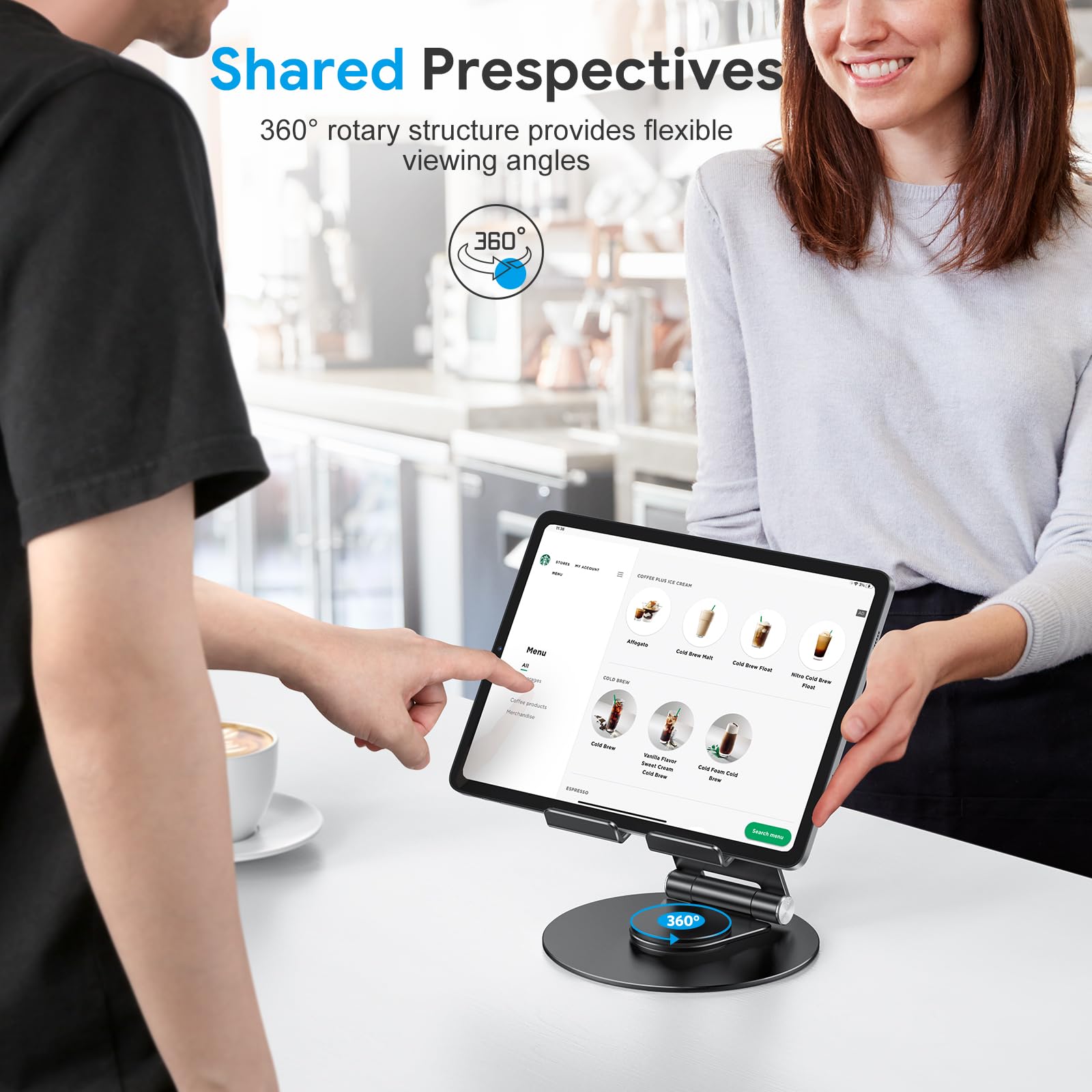 Omoton Swivel Tablet Stand For Ipad With 360 Rotating Base, Foldable Adjustable Holder For Drawing, Compatible With Ipad Pro/Air/Mini And More, Black Gray