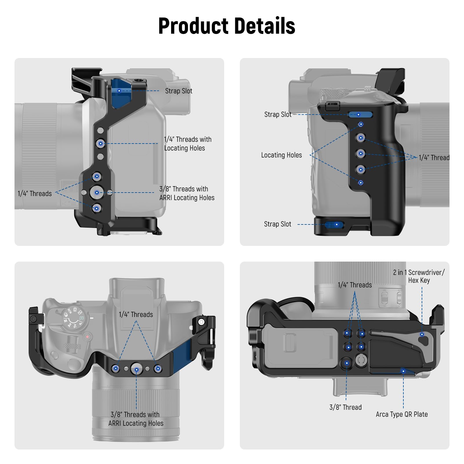 Neewer R50 Camera Cage Compatible With Canon Eos R50, Aluminum Video Rig With Nato Rail, 1/4'' Threads, 3/8'' Arri Holes, Cold S