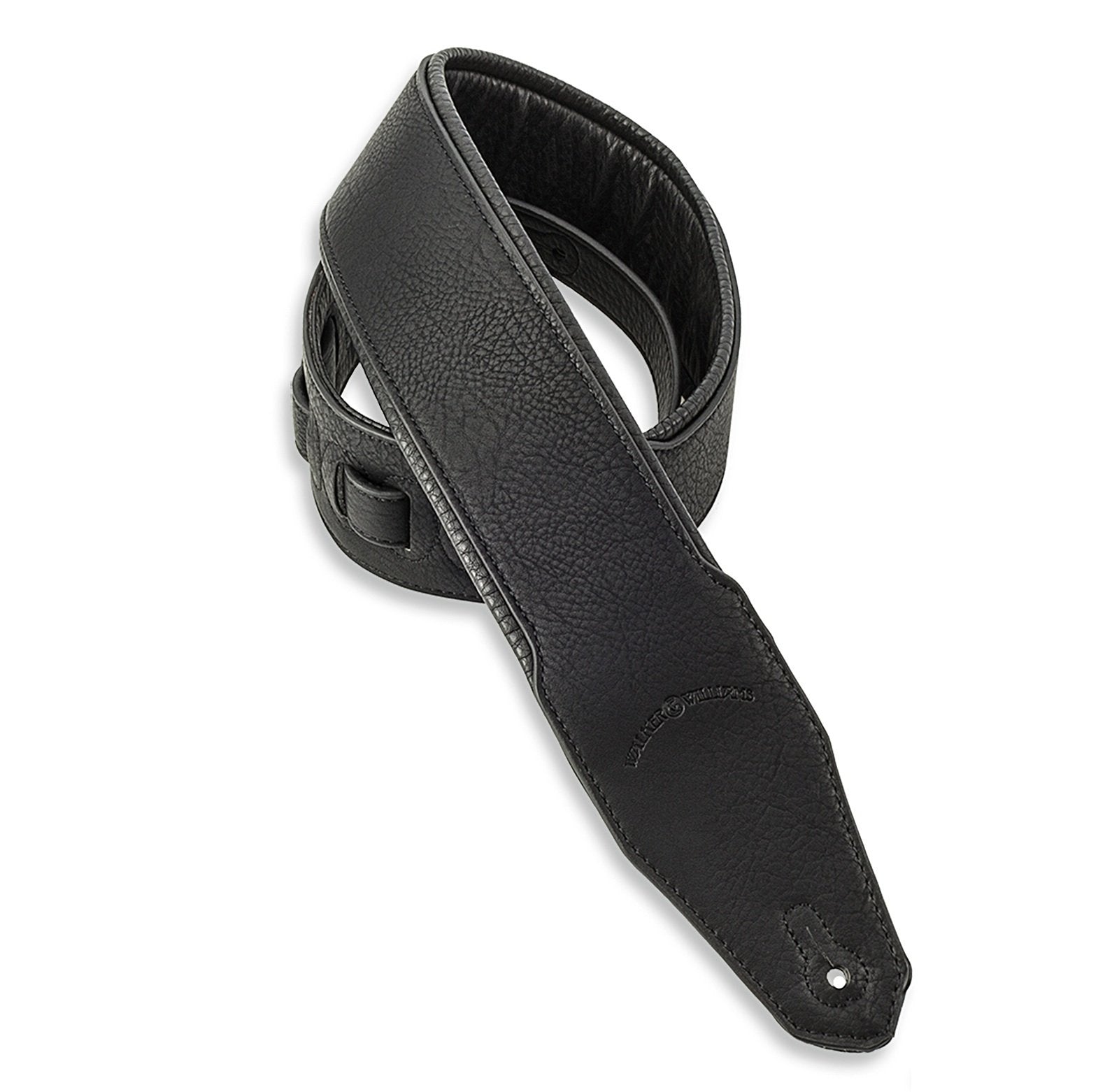 Walker & Williams G-15 Black Leather Natural Texture Guitar Strap With Thick Padding For Acoustic, Electric, And Bass Guitars