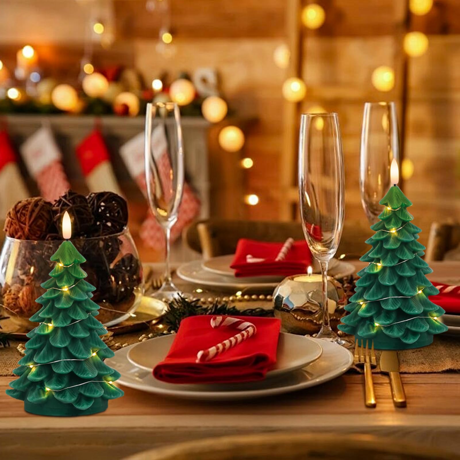 Wondise Christmas Tree Flameless Candles With String Lights 11 Key Remote And Timer, Real Wax Battery Operated 3D Wick Led Flick